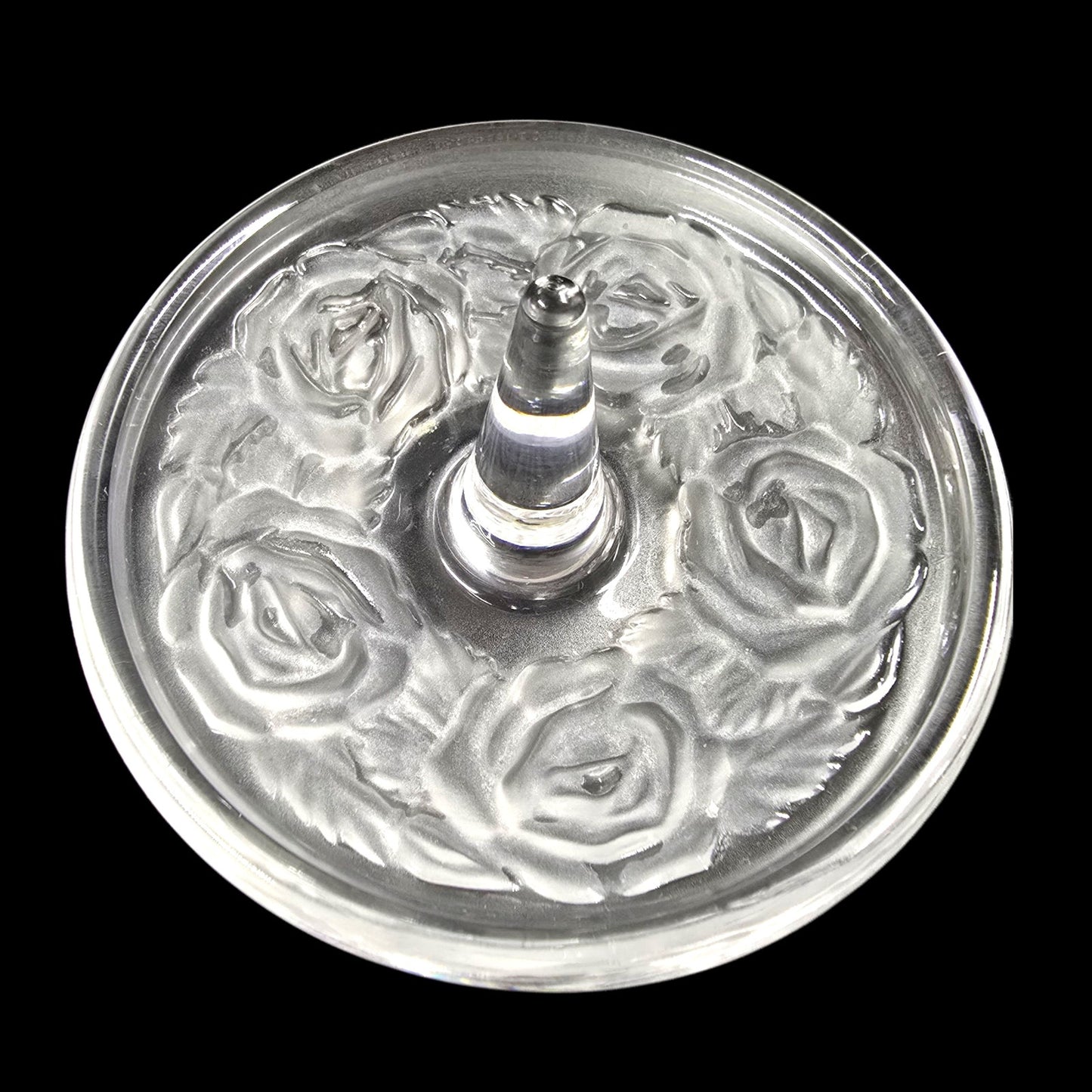 Vintage Clear Glass Ring Holder Dish with Frosted Rose Design Jewelry Tray