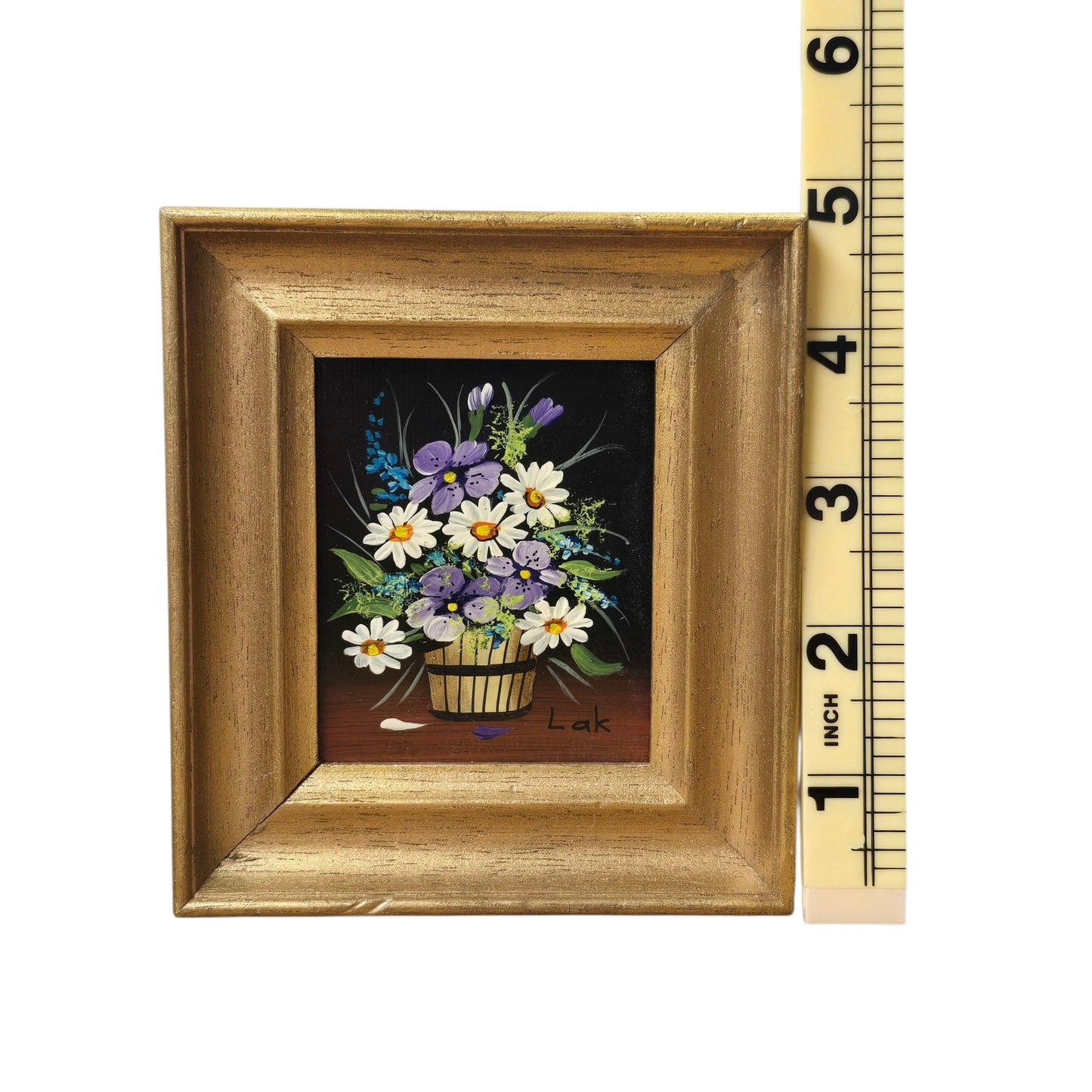 Vtg Miniature Floral Still Life Painting by Lak Gold Wood Frame Daisy & Violets