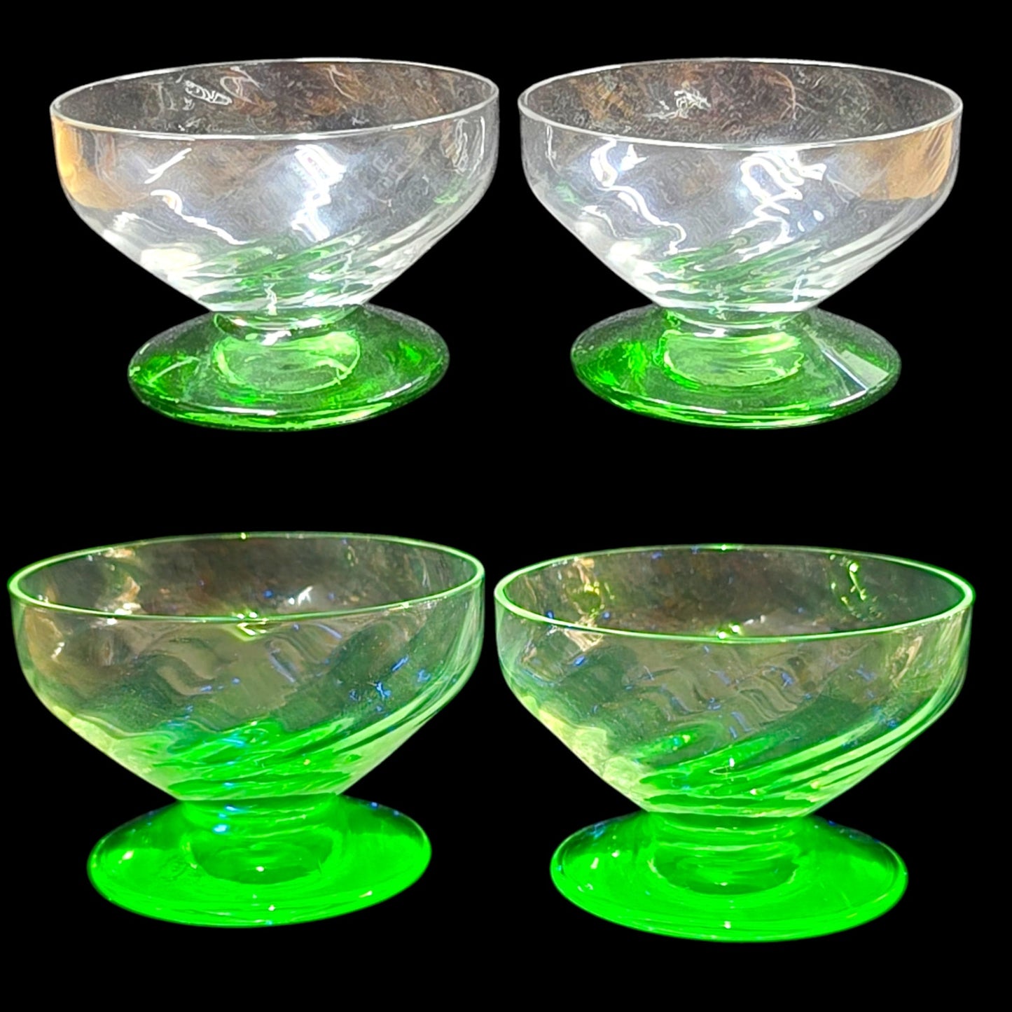 Vtg Uranium Glass Open Salts, 1.5" H, Optic Green Glass Pedestal Mini Glass Cups