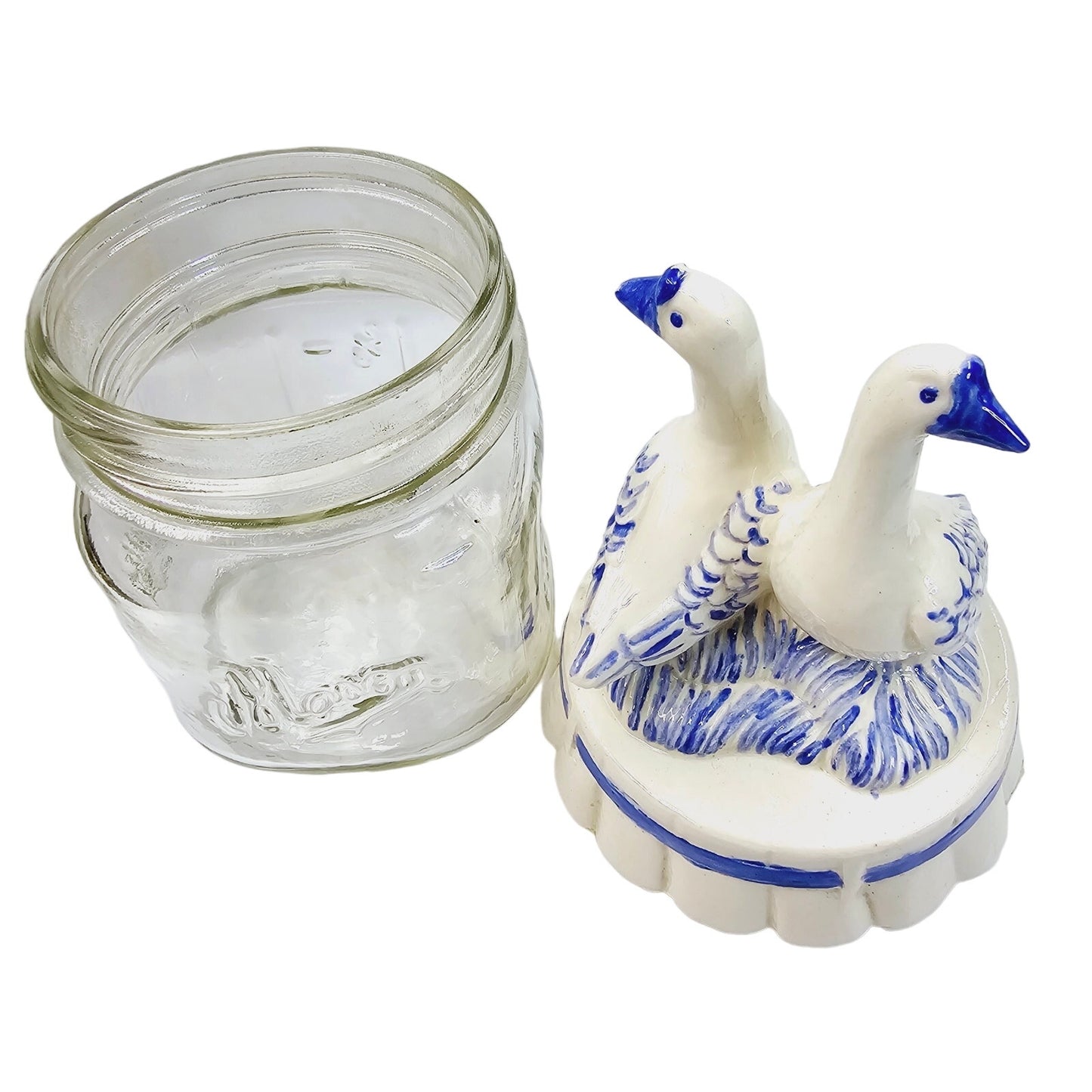 Vintage Geese Lid Mason Jar, 1 Cup, Blue and White Ceramic Top Country Farm Chic