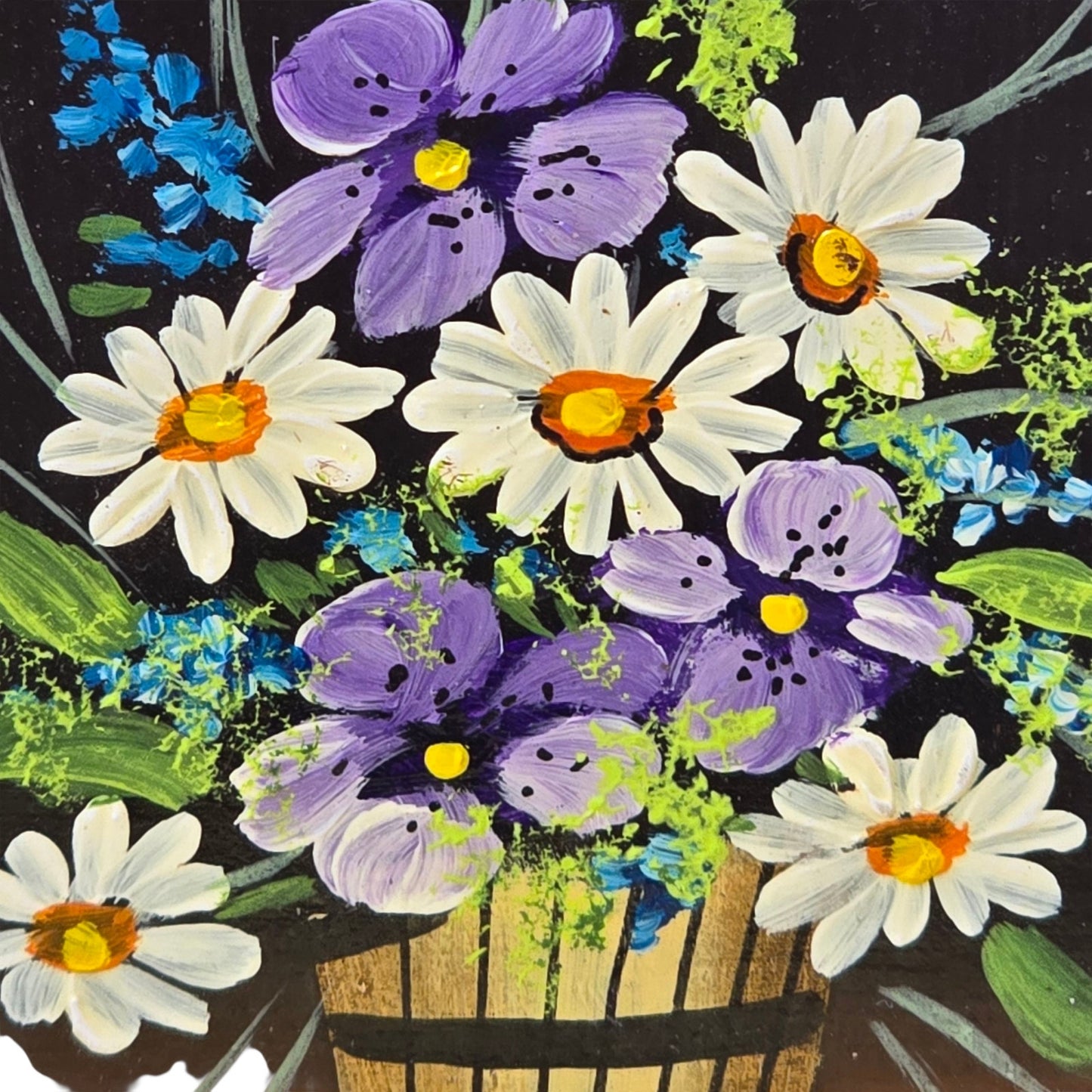 Vtg Miniature Floral Still Life Painting by Lak Gold Wood Frame Daisy & Violets