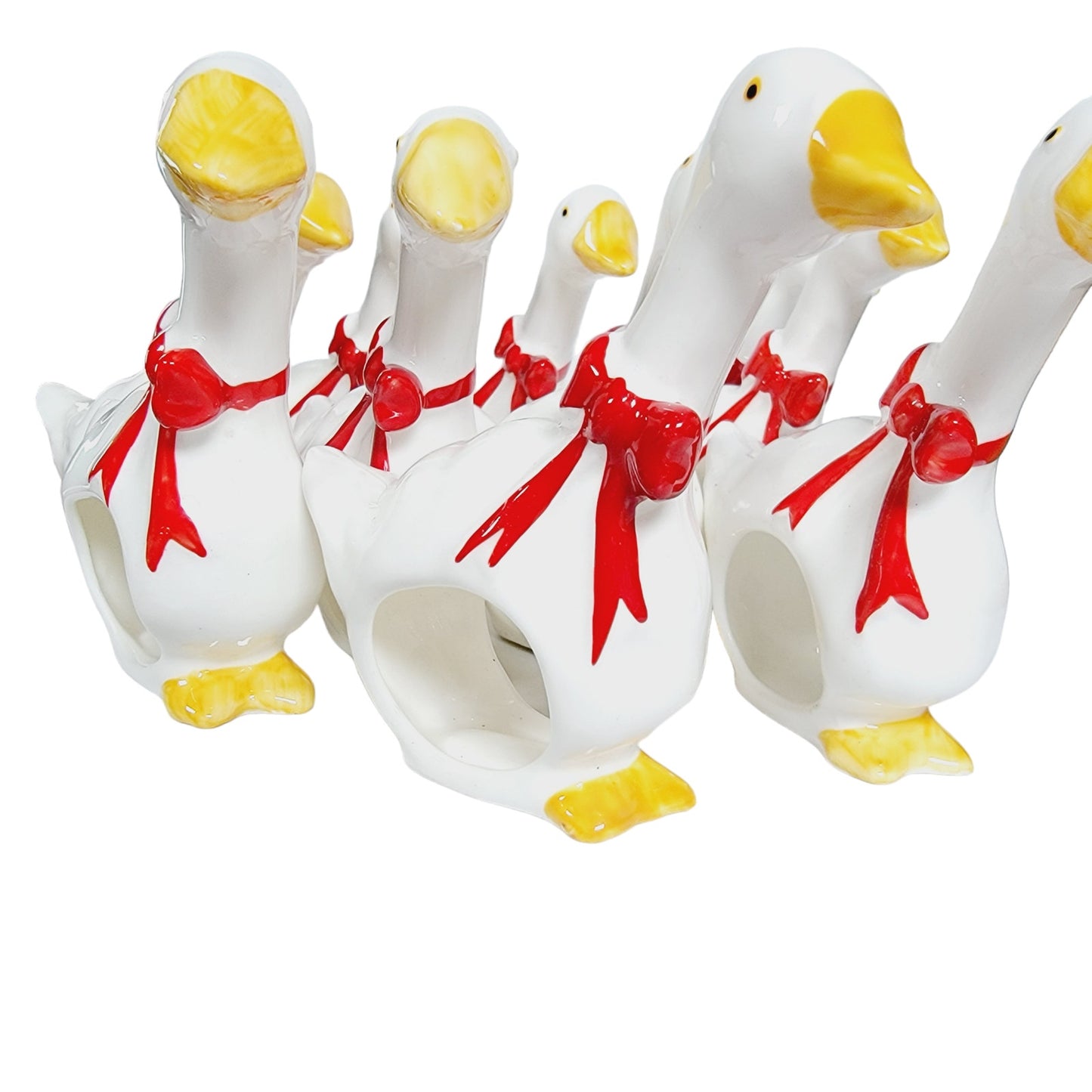Set of 10 Vintage Geese Napkin Rings Holders, Red Ribbon Goose, Cottage Core