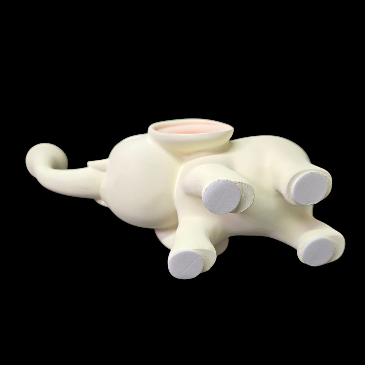 Smooth Satin Ceramic Elephant Figurine, Trunk Up White and Pink Elephant