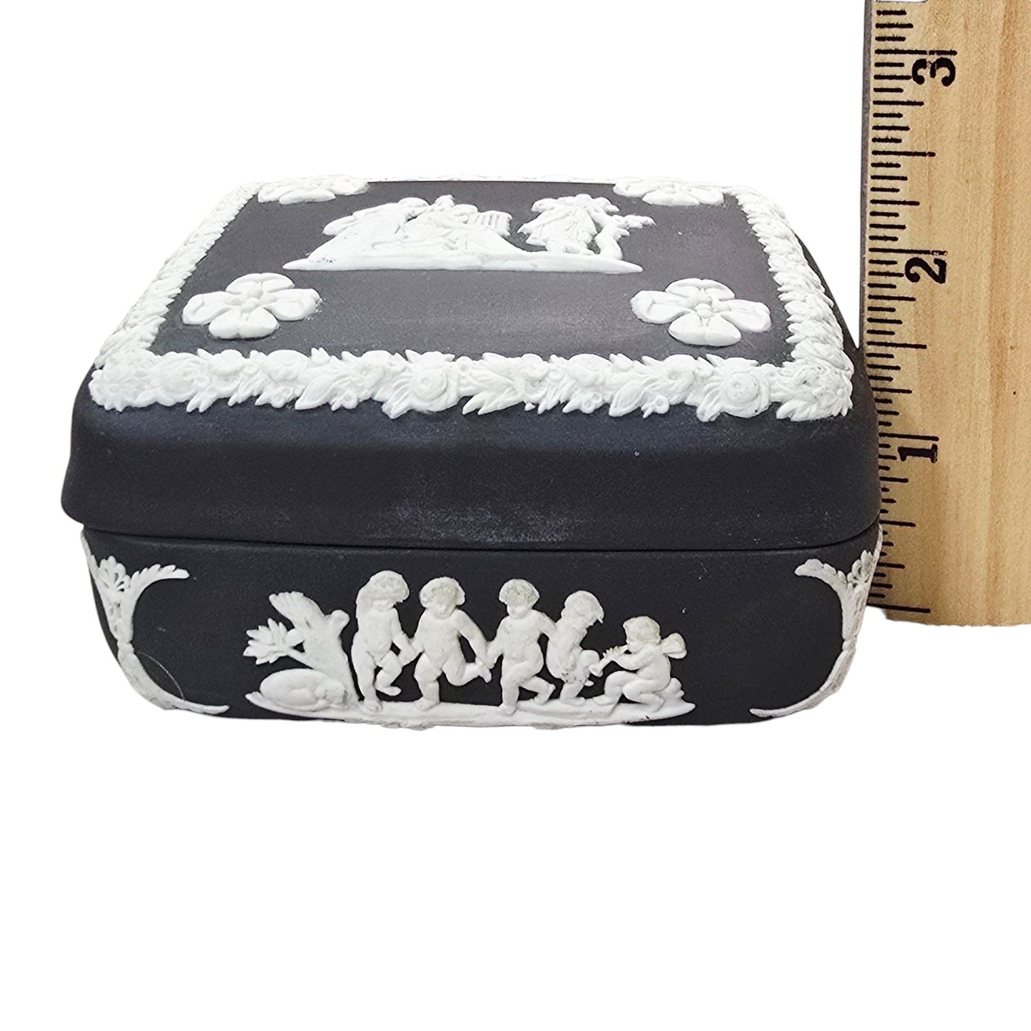 Wedgwood Black Basalt Jasperware trinket box Square Cherubs Courting Couples Made in England
