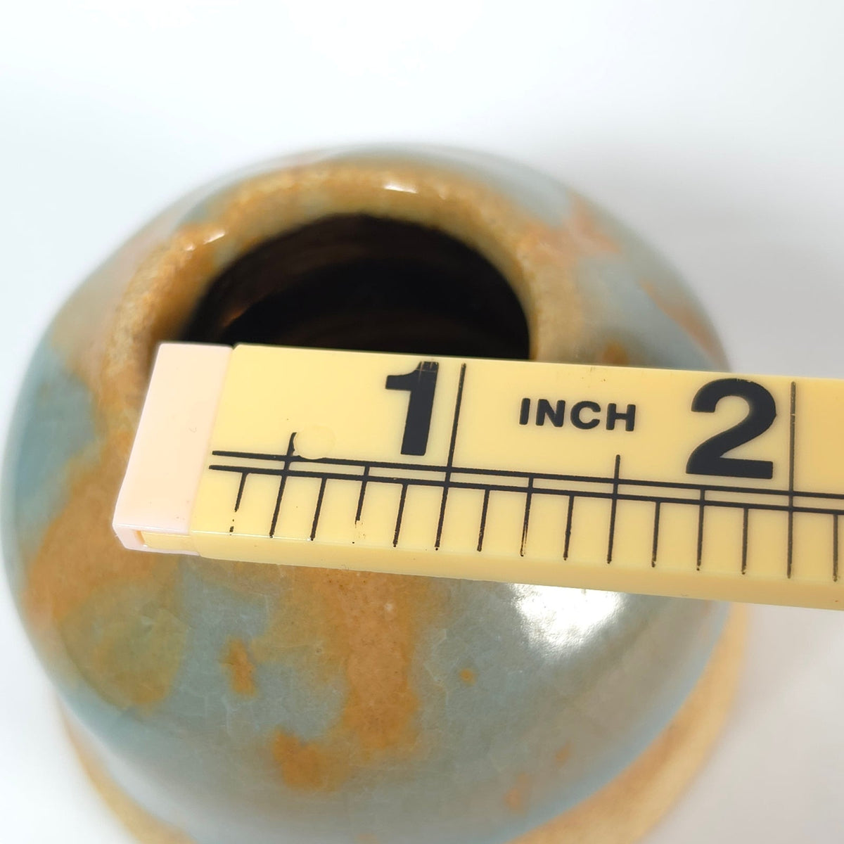 Handmade Student Pottery Mini Vase Blue Tan Copper Tone Interior Signed