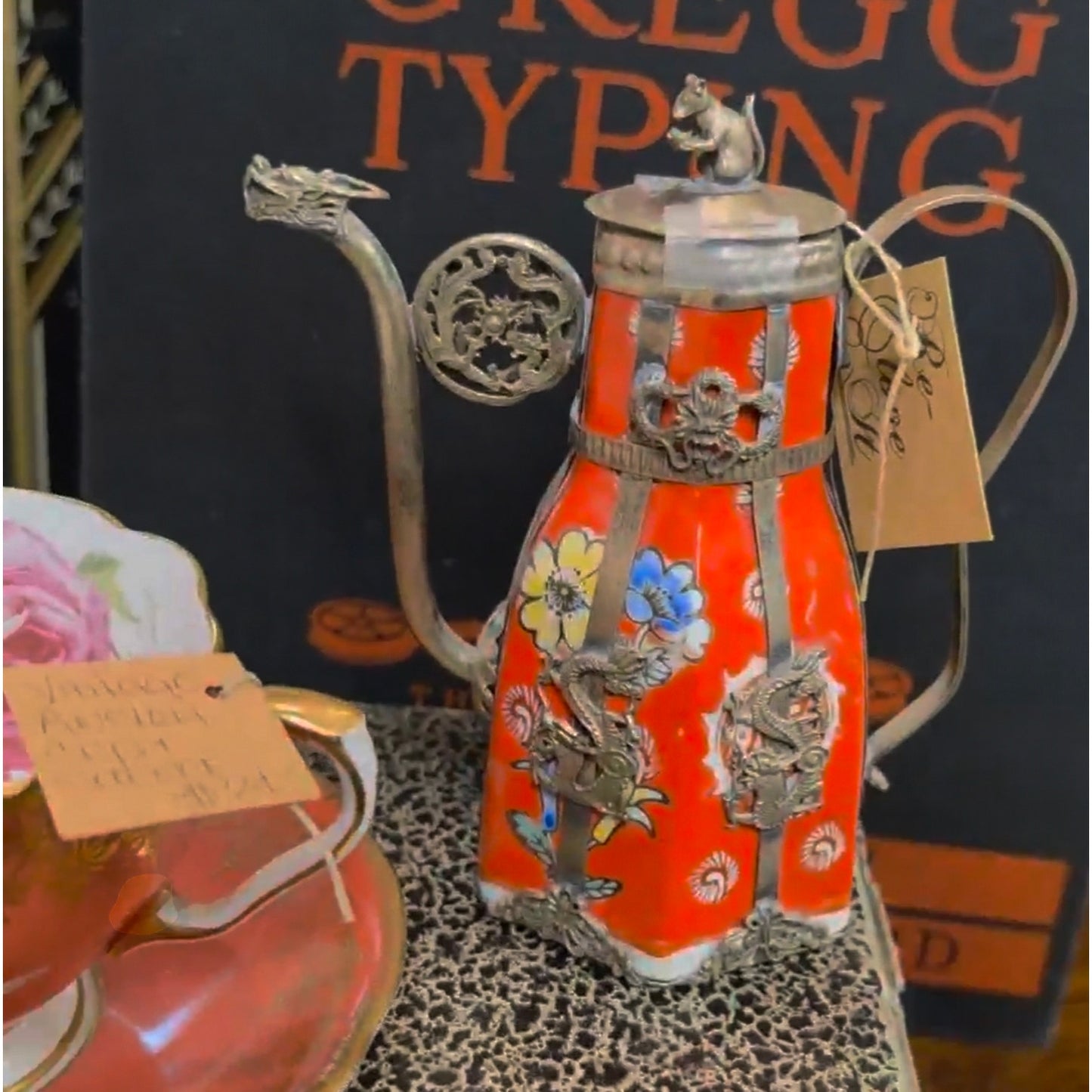 AS SEEN ON VIDEO: Vintage Miniature Tibetan Porcelain Teapot - Intricate Dragon, Squirrel & Floral Motif