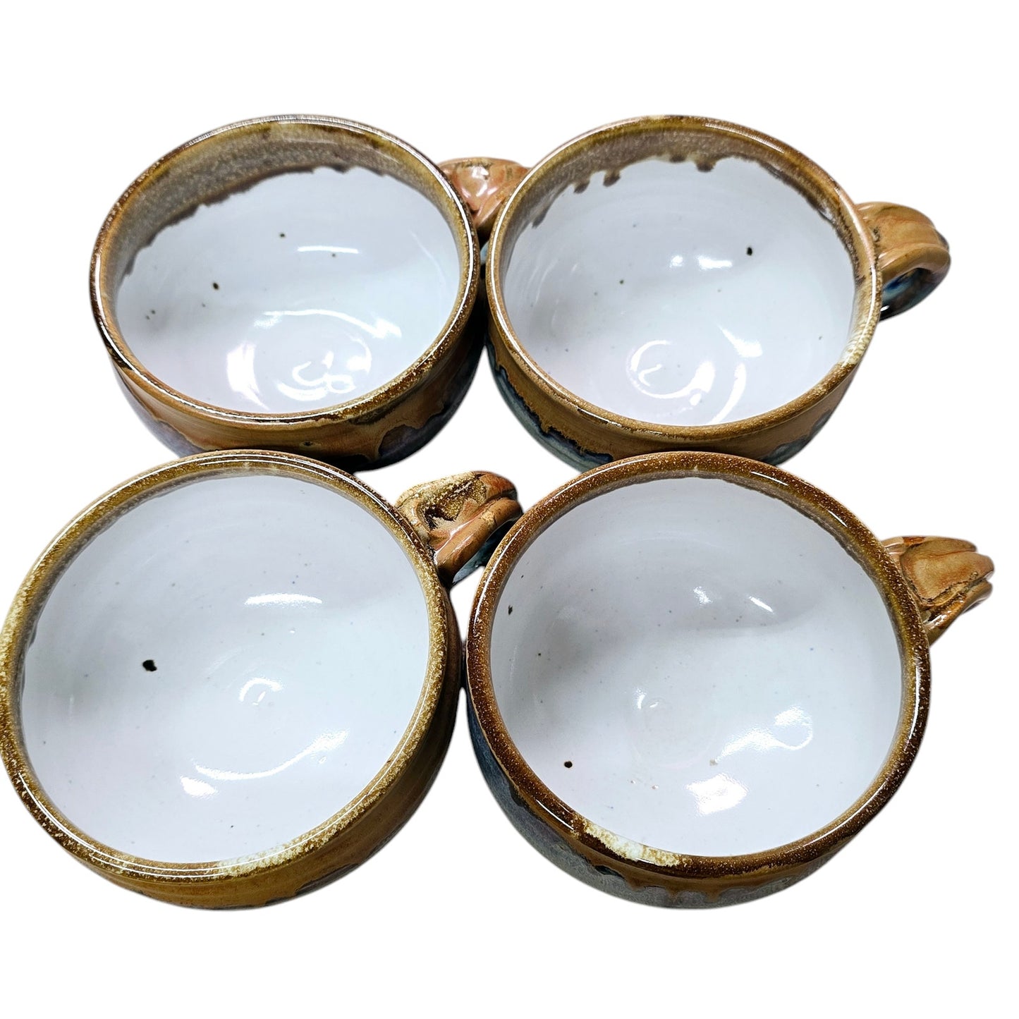 Set of 4 Signed Studio Art Pottery Drip Glaze Stoneware Soup Mug with Handle Coffee / Cappuccino Mug