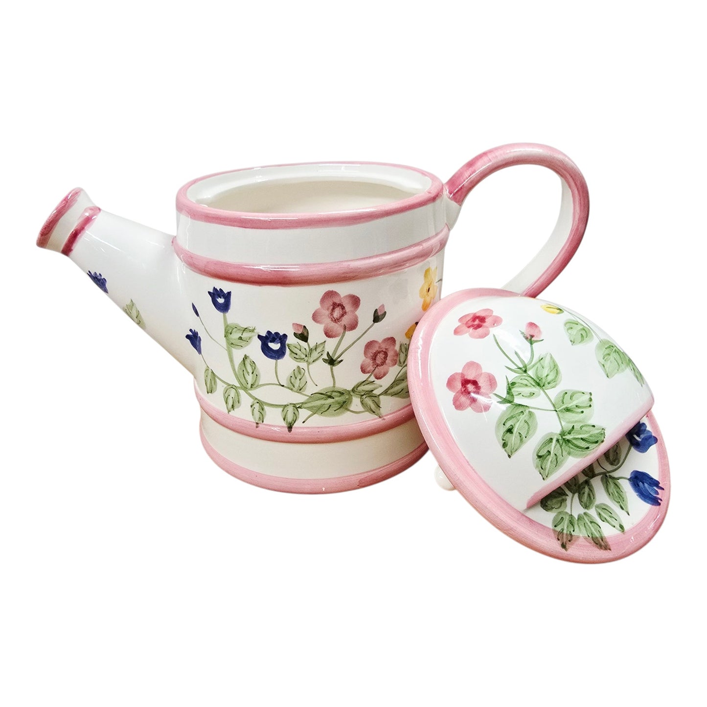 Vtg Lillian Vernon Floral Watering Can Teapot Pink Trim Ceramic Hand Painted Lid
