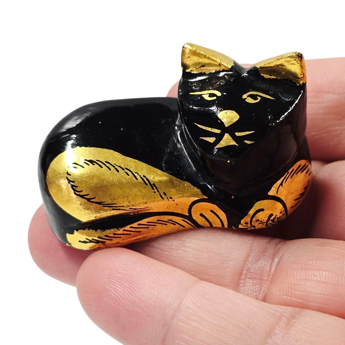 Handcrafted Black & Gold Lacquered Wooden Cat Figurine Gold Foil Accents 2"