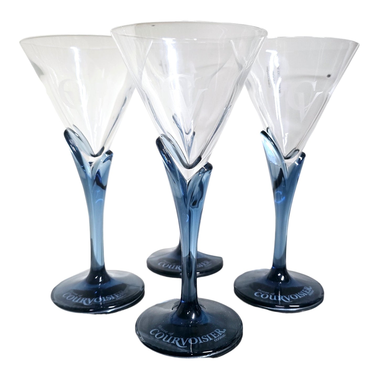 Set of 4 Bormioli Luigi Italy CV House of Courvoisier Blue Petal Crystal Stemware Cognac