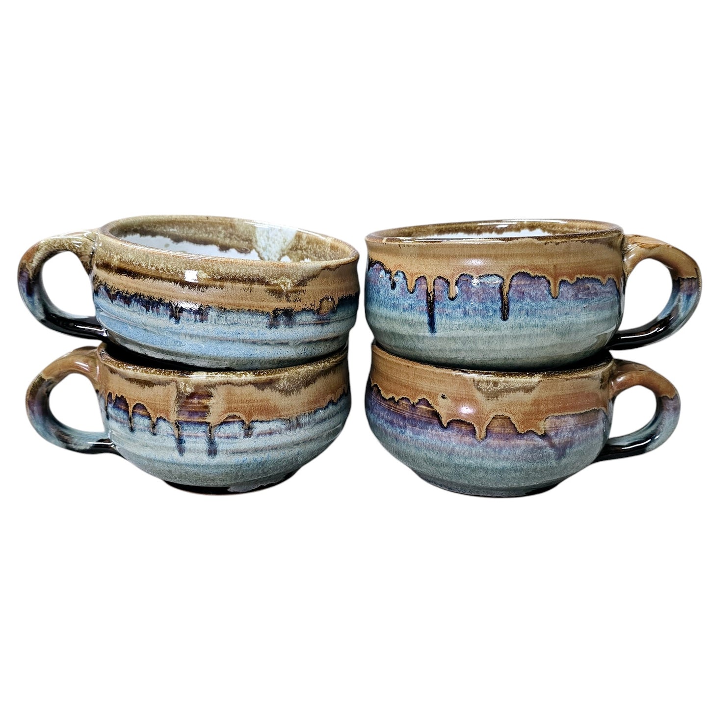 Set of 4 Signed Studio Art Pottery Drip Glaze Stoneware Soup Mug with Handle Coffee / Cappuccino Mug