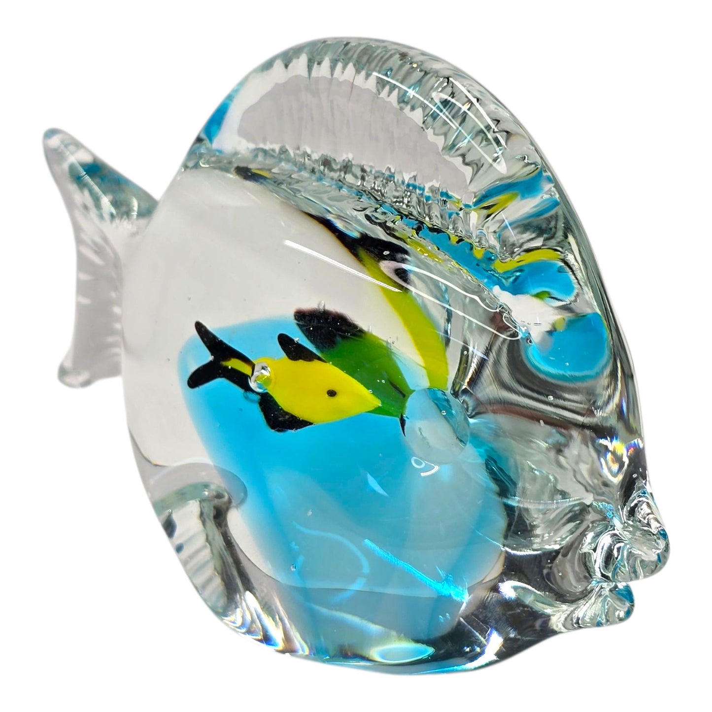 Vtg Art Glass Fish Paperweight Aqua Blue Interior Yellow Fish Aquarium Decor