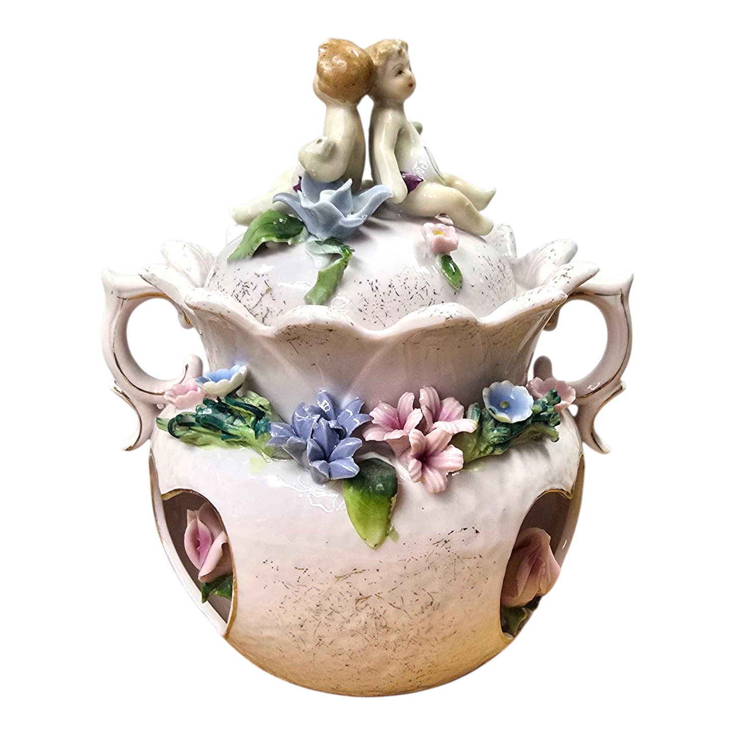 Vintage Capodimonte Style Porcelain Jar Cherub Lid Floral Applied Flowers Pink