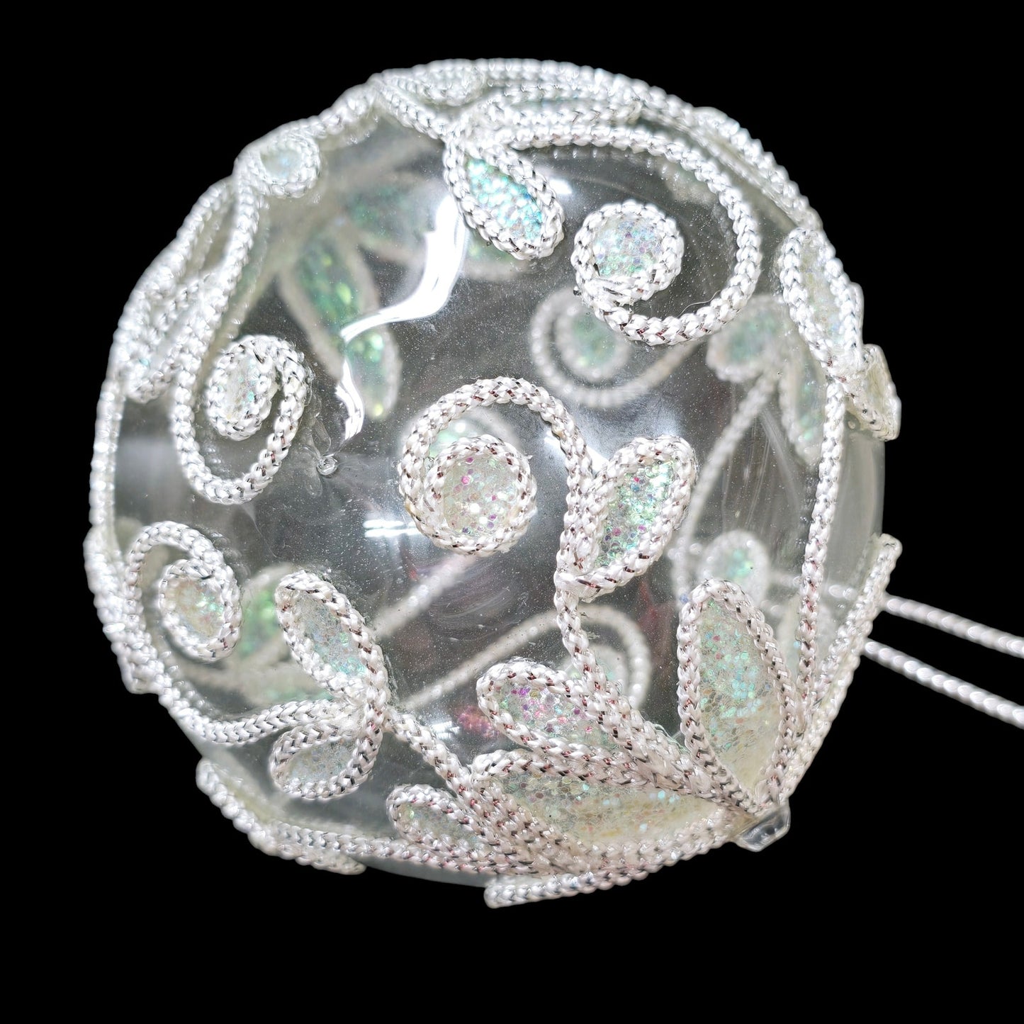 Glass Embellished Ornament, White Iridescent Floral Trim