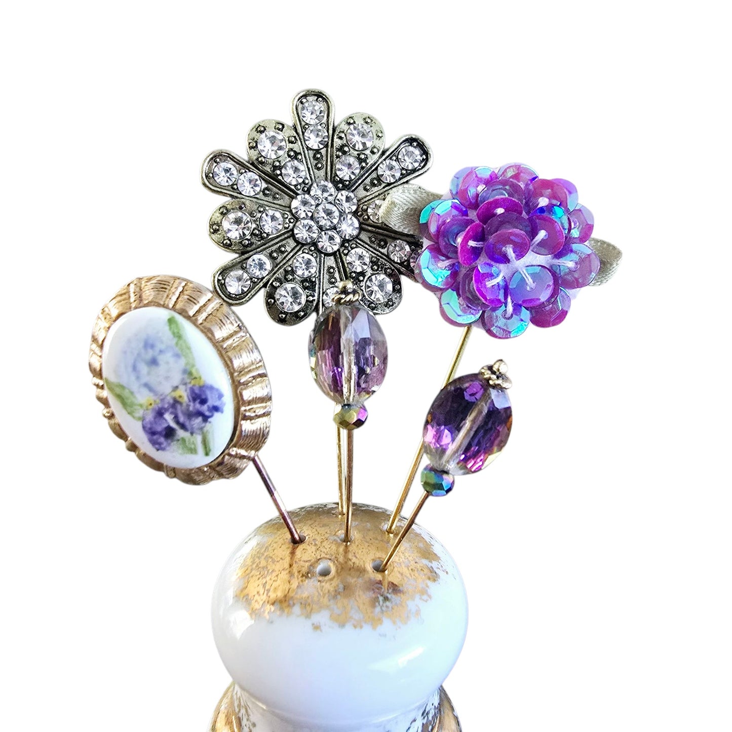 Vintage Shafford Forget Me Not Salt Shaker Hat Pin Display