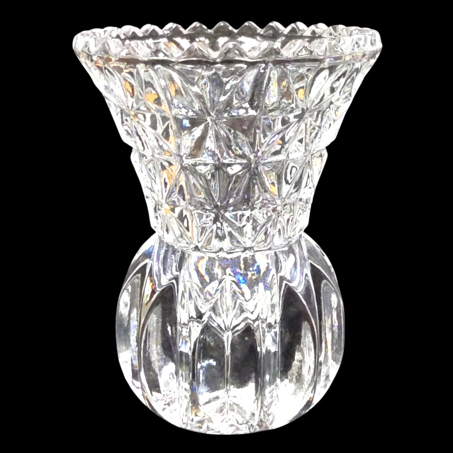 Vtg Crystal Toothpick Holder Bud Bulb Base Flared Top Pressed Glass Sawtooth Rim