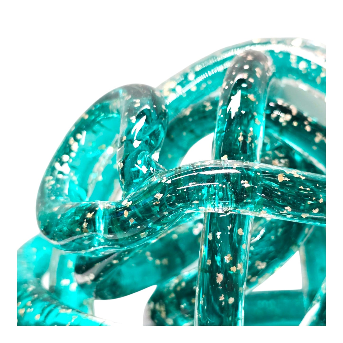 Handblown Art Glass Infinity Knot, Teal with Silver Flecks