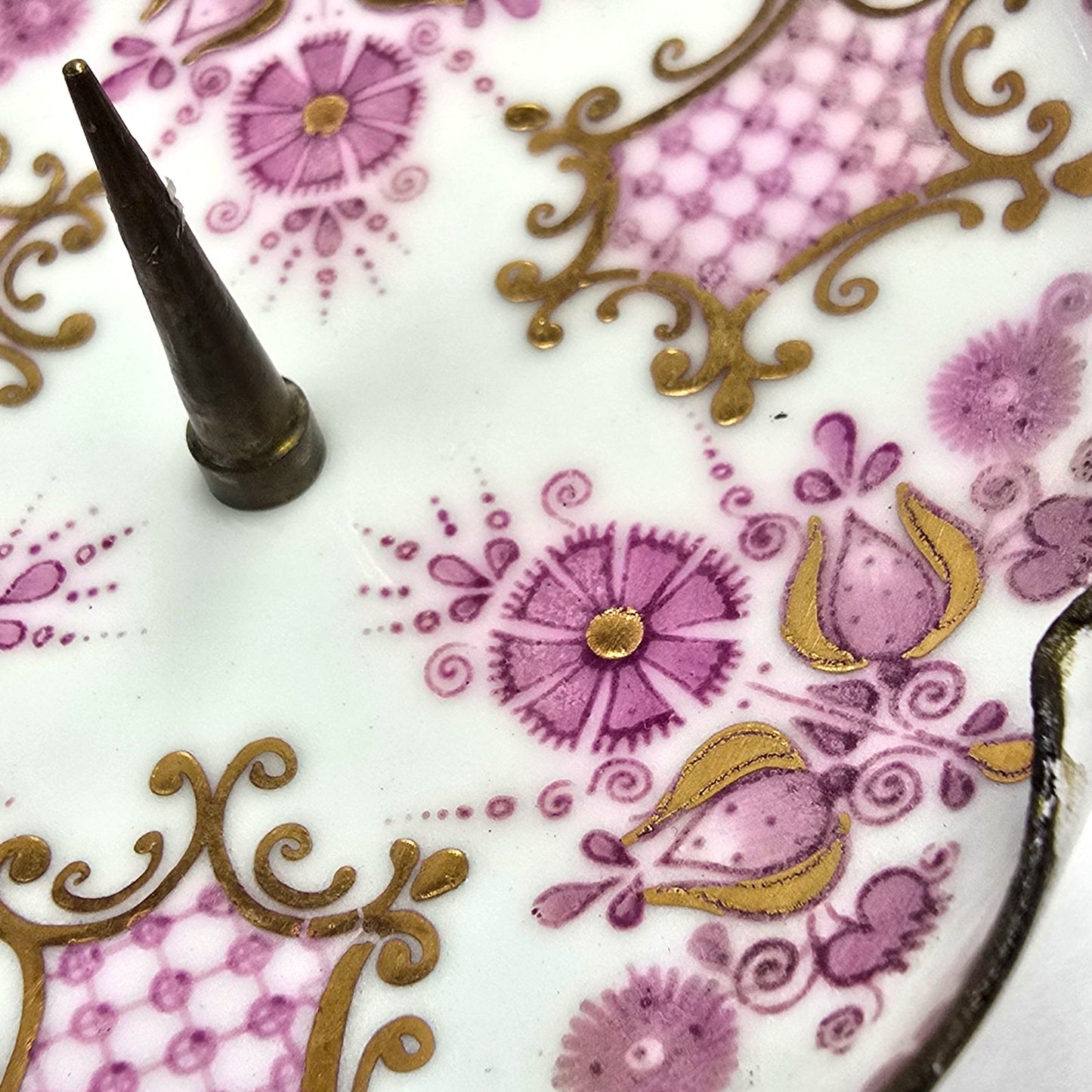 Pair Vintage Austrian Footed Porcelain Spike Candle Dishes Pink & Gold Floral Austria