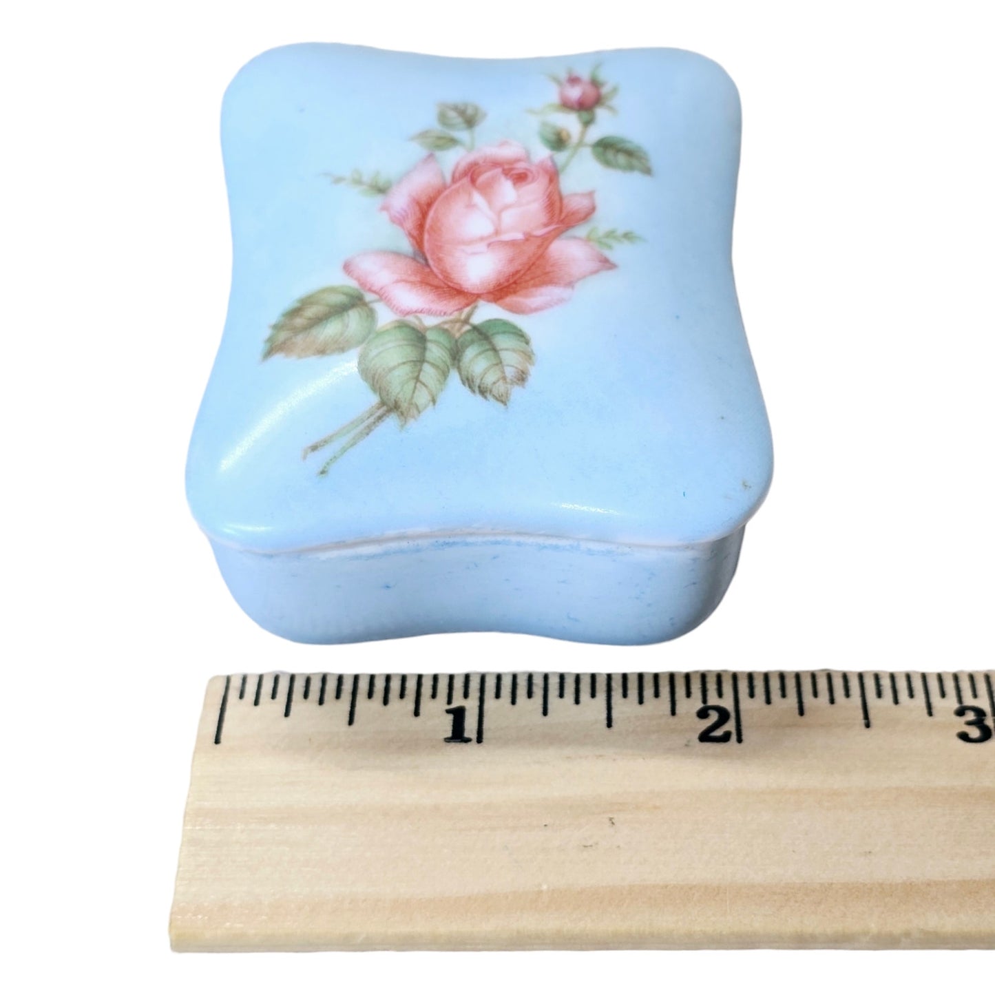 * 1960's Signed Beautiful Rose in Bloom Blue Porcelain Vintage Trinket Box