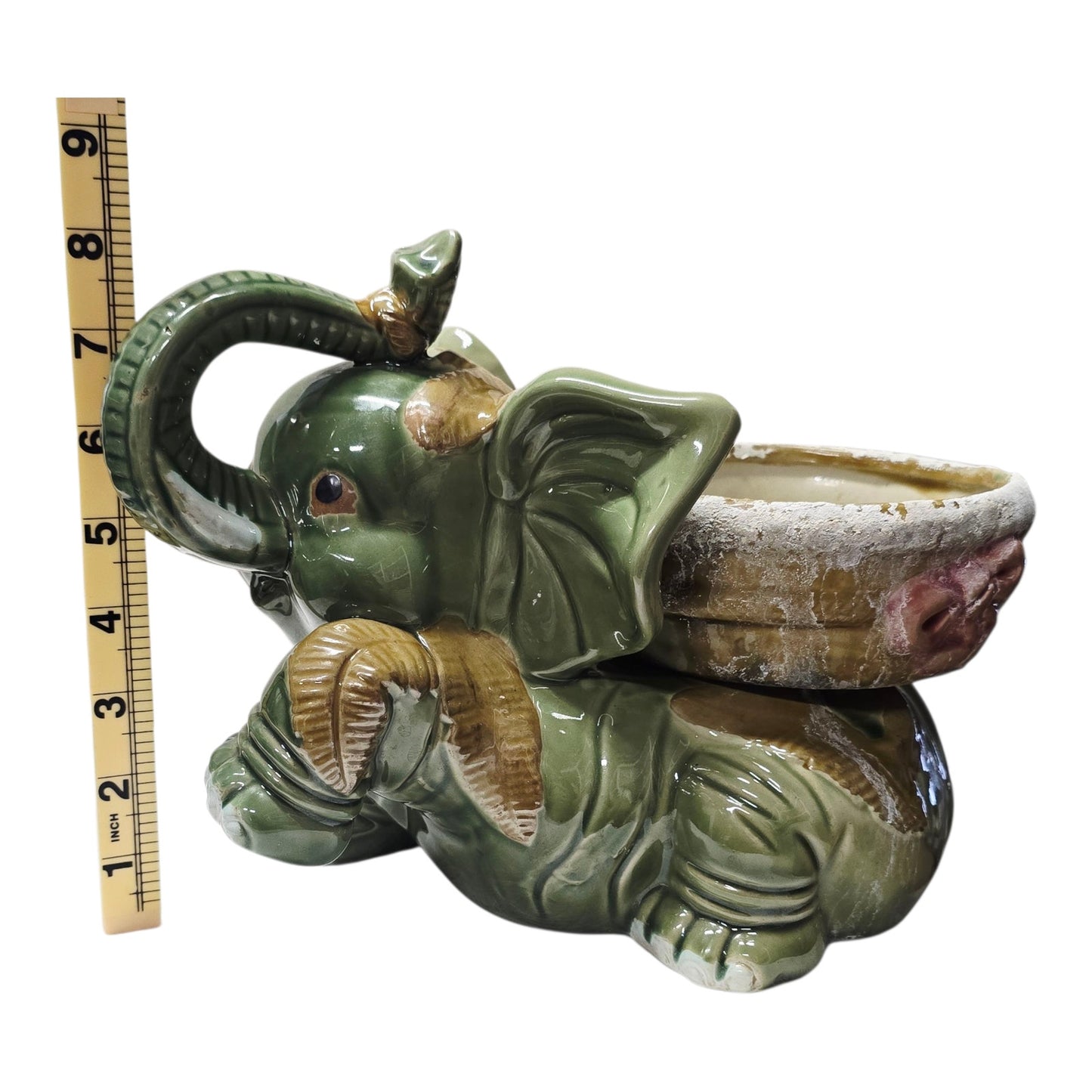 (Reserved for Customer) Large Vtg Green Ceramic Elephant Planter Raised Trunk Pink Bow 11" Japan