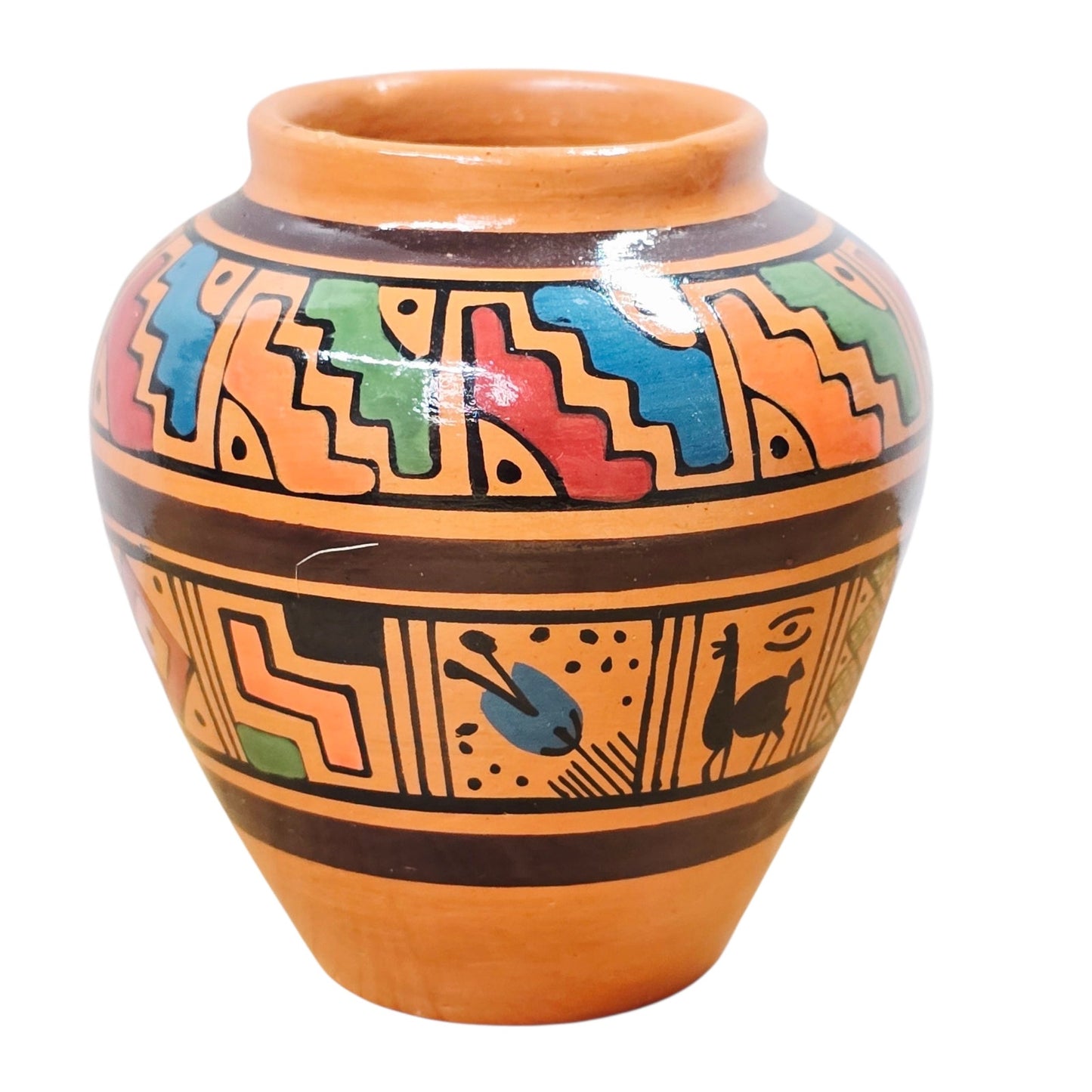 Miniature Ecuador Hand Painted Pottery Vase – Geometric Folk Art Pattern 3”H