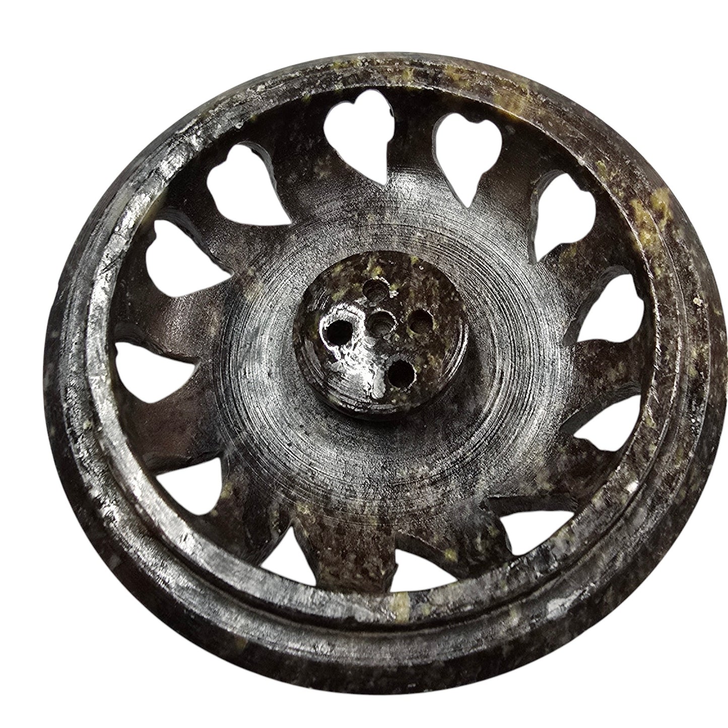 Carved Soapstone Lidded Incense Burner with Hearts Cutouts, Made in India