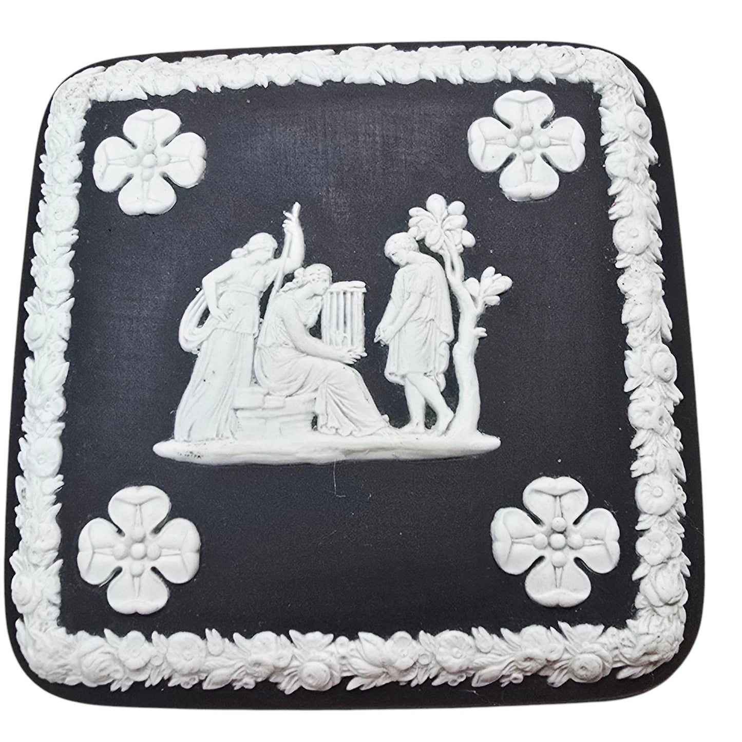 Wedgwood Black Basalt Jasperware trinket box Square Cherubs Courting Couples Made in England