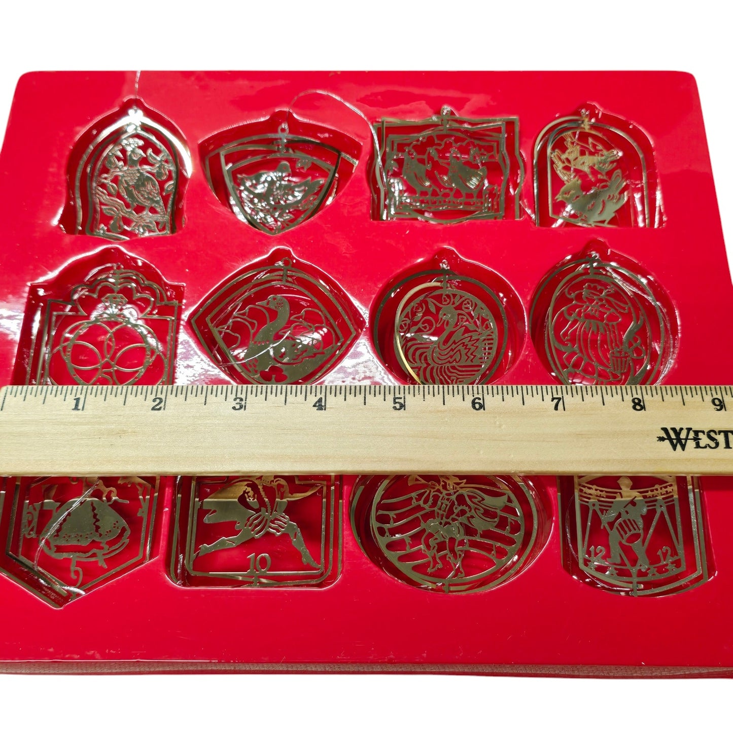 Vintage 12 Days of Christmas Silverplated Cut-Out Ornaments in Original Box