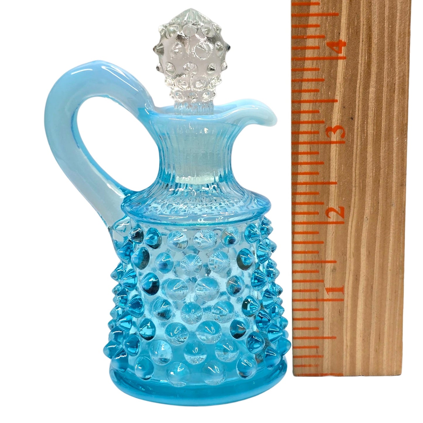 Fenton Blue Opalescent Hobnail Cruet w/ Stopper Uranium Reactive Art Glass