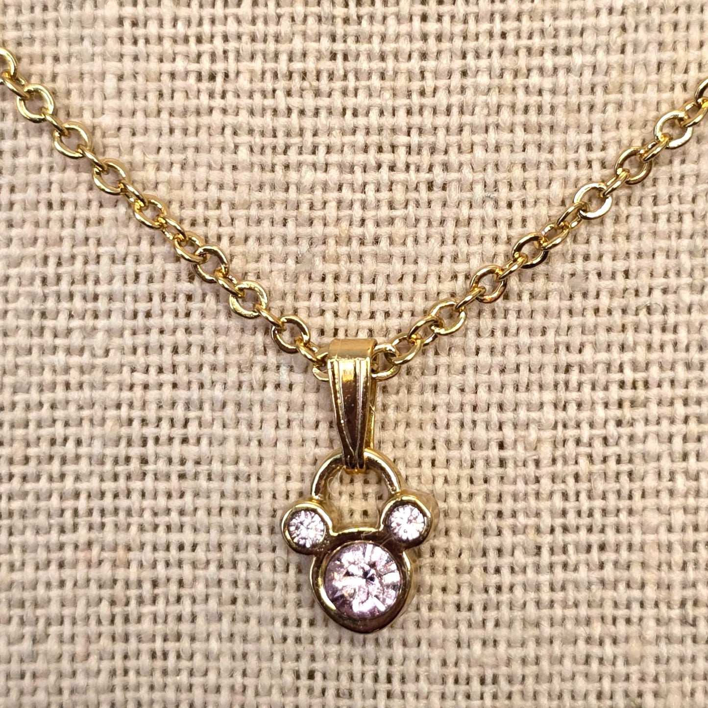 * Disney CZ Mickey Pendant Necklace Gold Tone with Pink CZ Marked Disney 16"