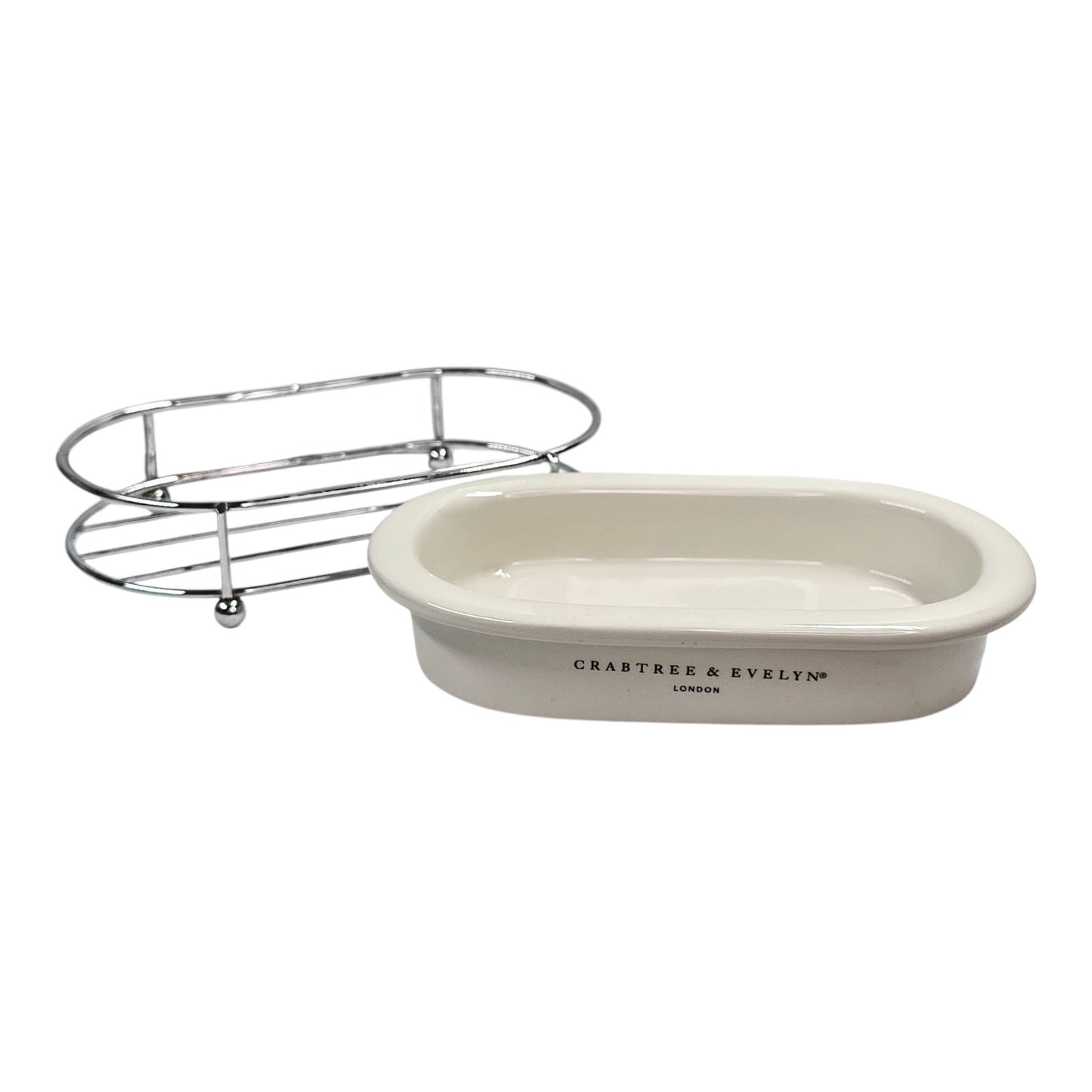 Vintage Crabtree & Evelyn London Ceramic Soap Dish with Chrome Wire Stand