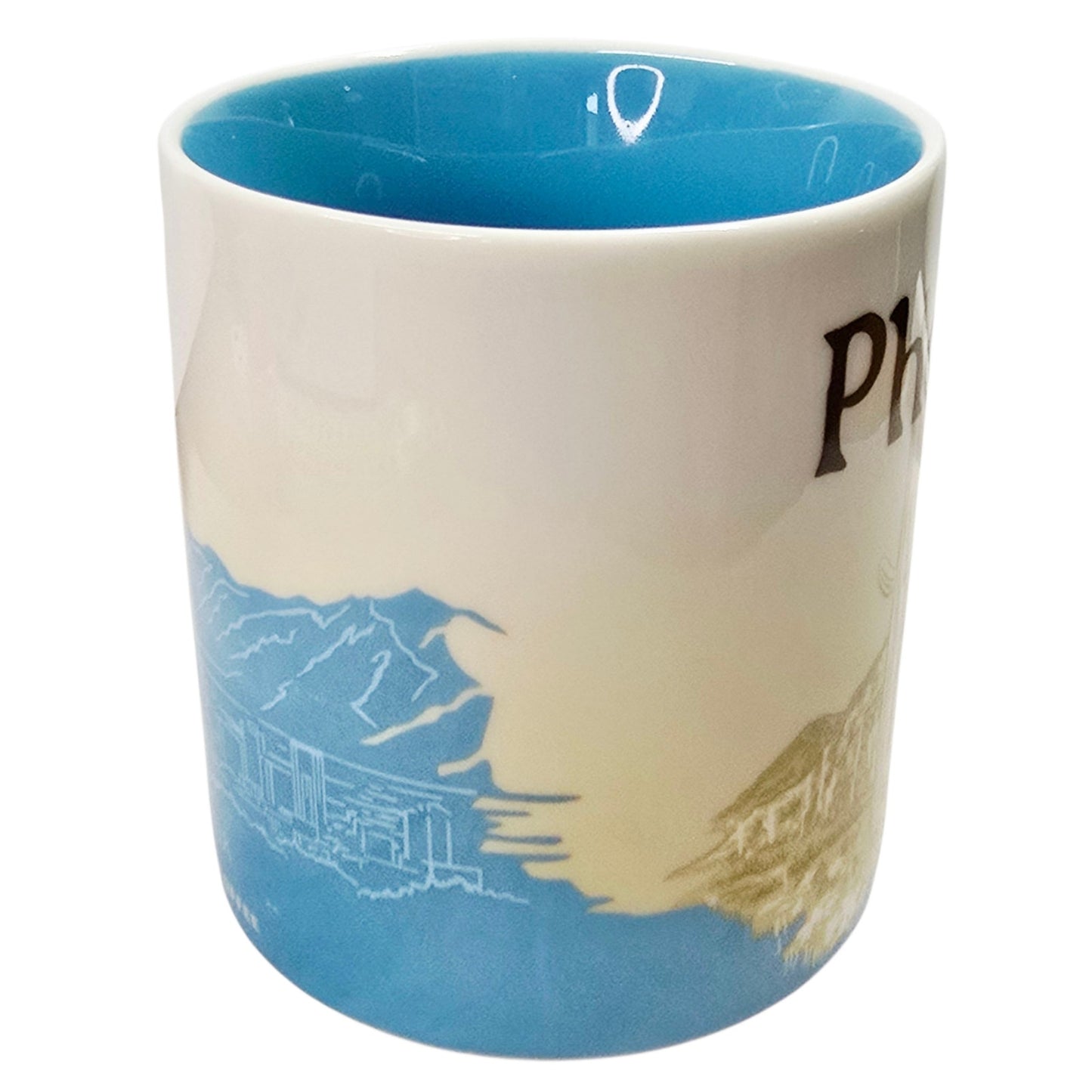 Starbucks Coffee Mug Phoenix City Scene Desert Cactus 16 oz Blue Interior 2012