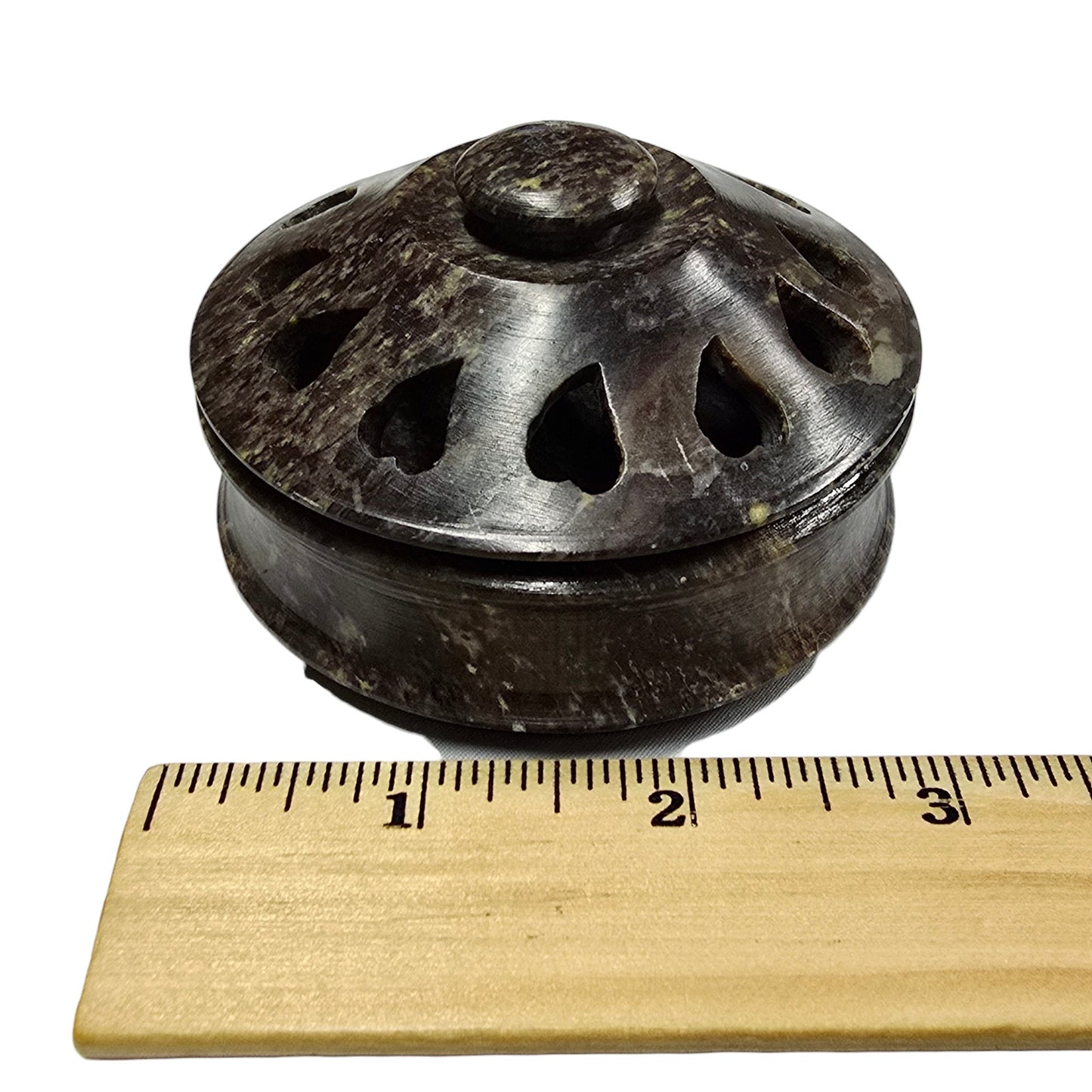 Carved Soapstone Lidded Incense Burner with Hearts Cutouts, Made in India