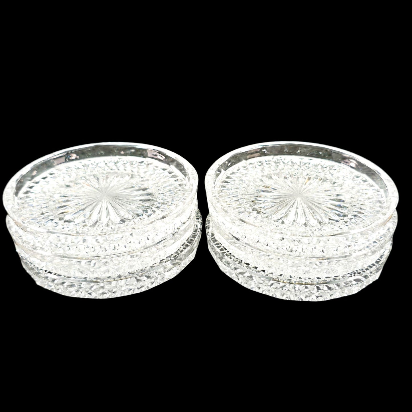 Vintage Clear Glass Coaster Set, Diamond Cut Coasters Set of 6