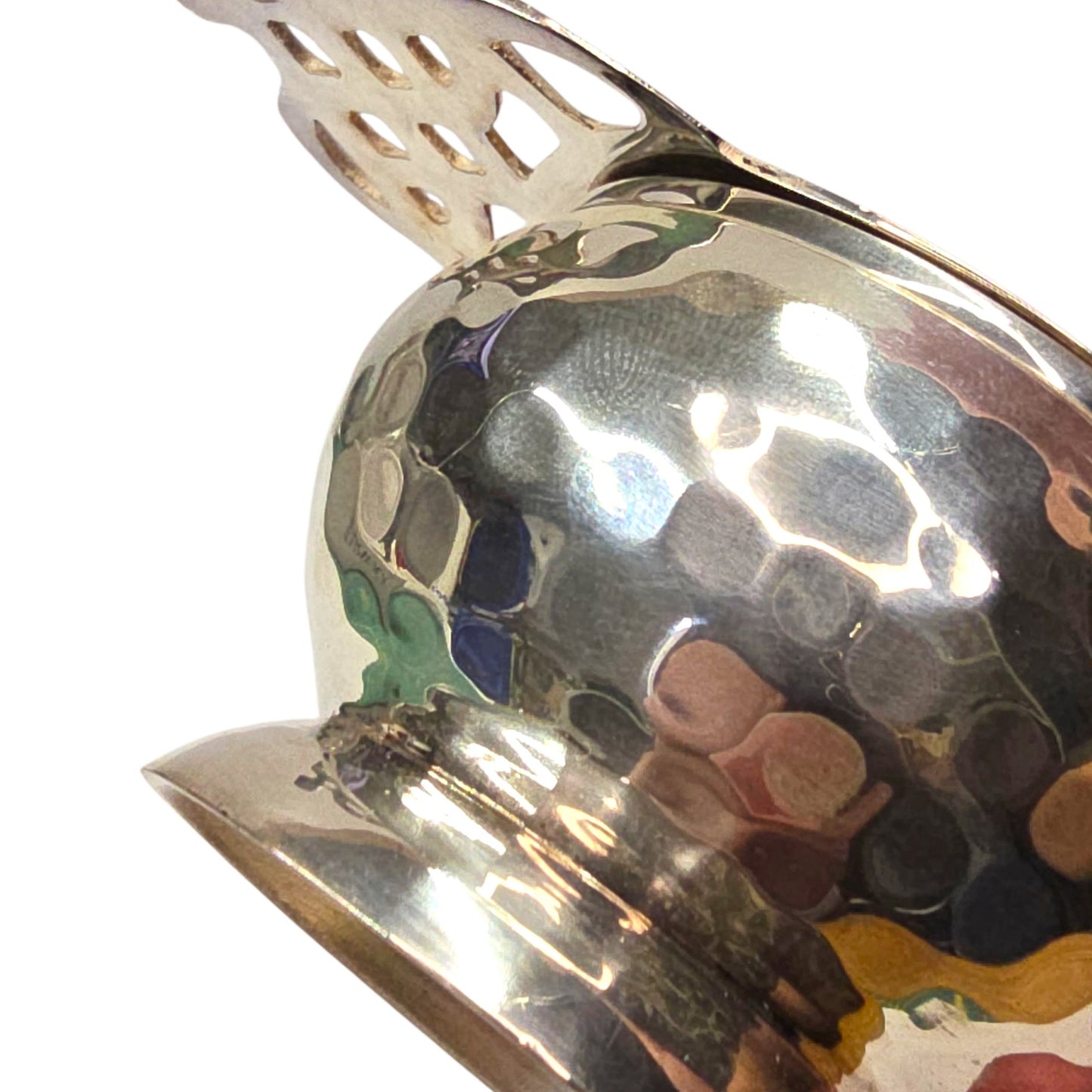 Vtg Warwick Tea Strainer with Bowl Hammered Silver Plated Item No 7094