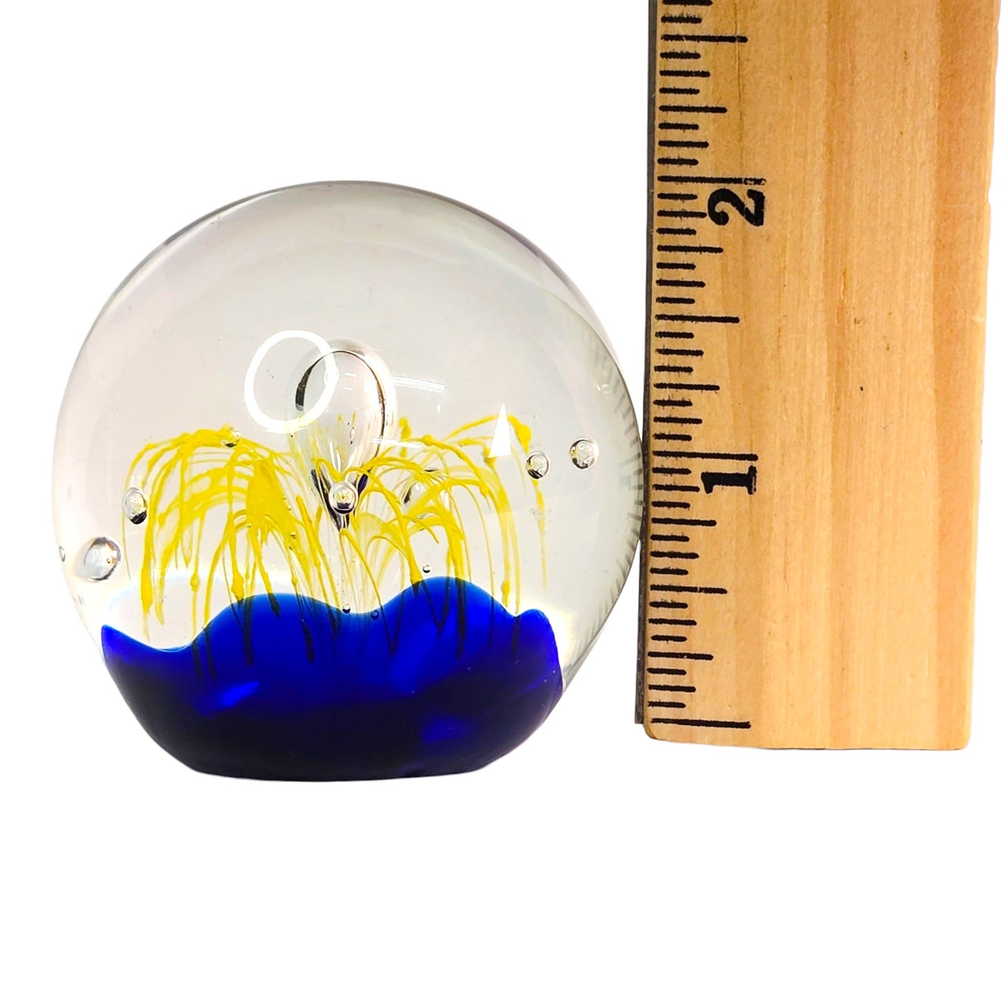 Art Glass Paperweight Cobalt Blue Yellow Firework Design