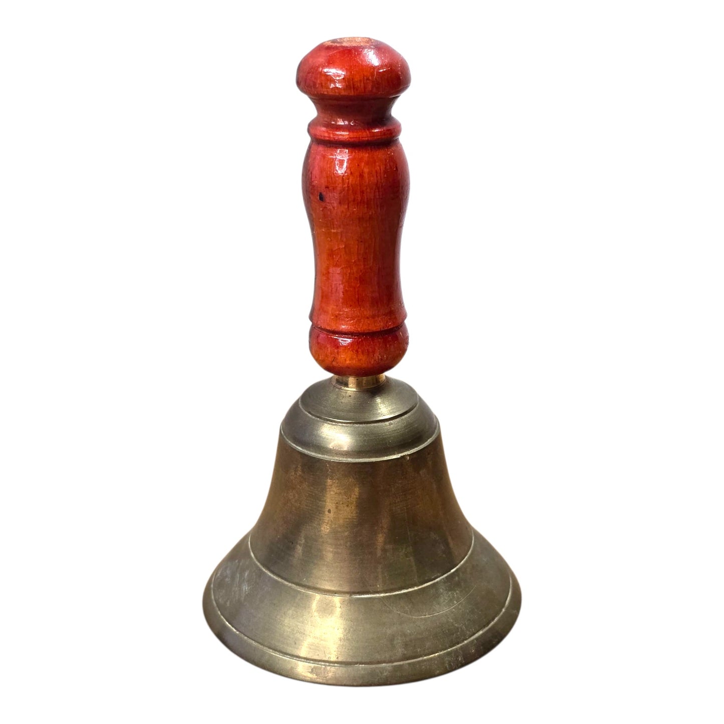Vtg Brass Hand Bell Wooden Handle 4.5" Farmhouse School Service