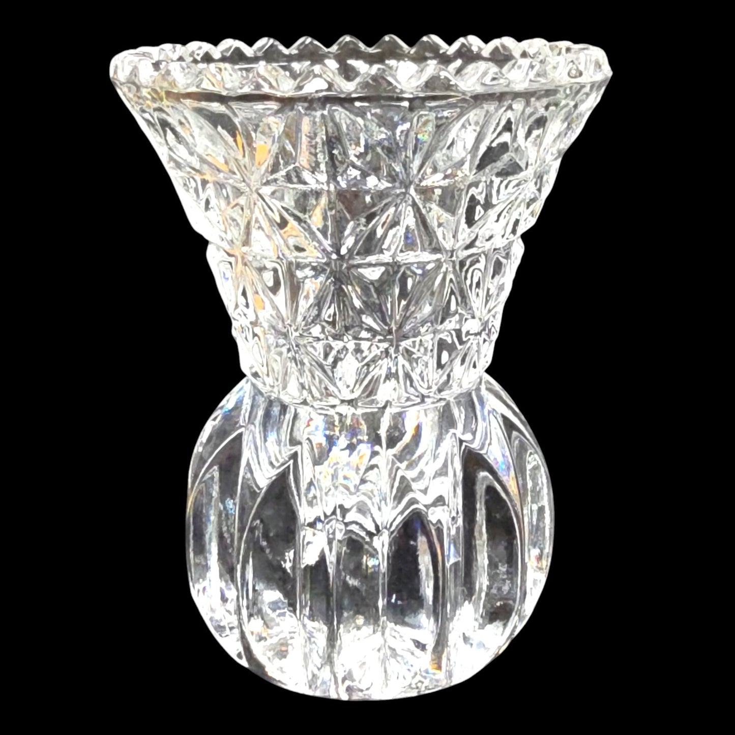 Vtg Crystal Toothpick Holder Bud Bulb Base Flared Top Pressed Glass Sawtooth Rim