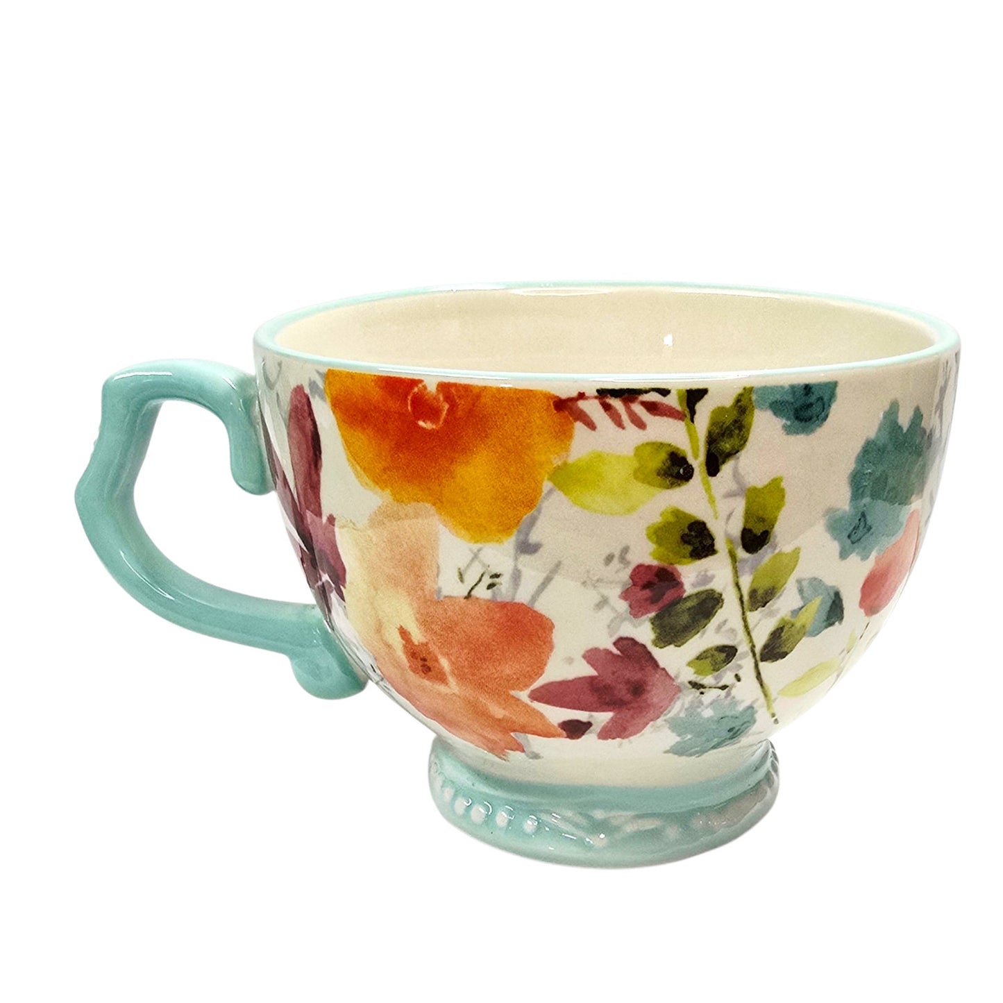 Pioneer Woman Willow 27oz Ceramic Cup Mug Floral Mint Handle Farmhouse Kitchen