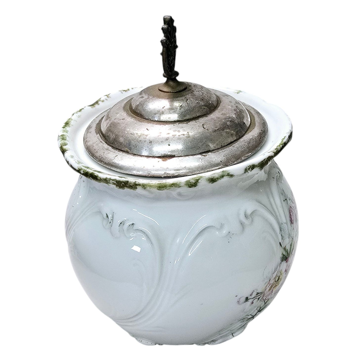 Antique Biscuit Jar Taylor & Tunnicliff England Ornate Silver Plate Lid with Finial, Porcelain
Shows age and wear, see pictures