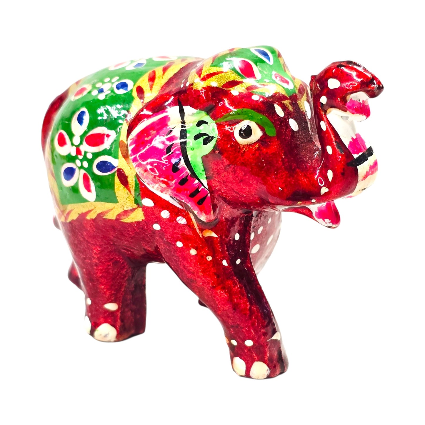 Vtg Hand Painted Mini Elephant Figurine Red Green Folk Art India 2" Decor