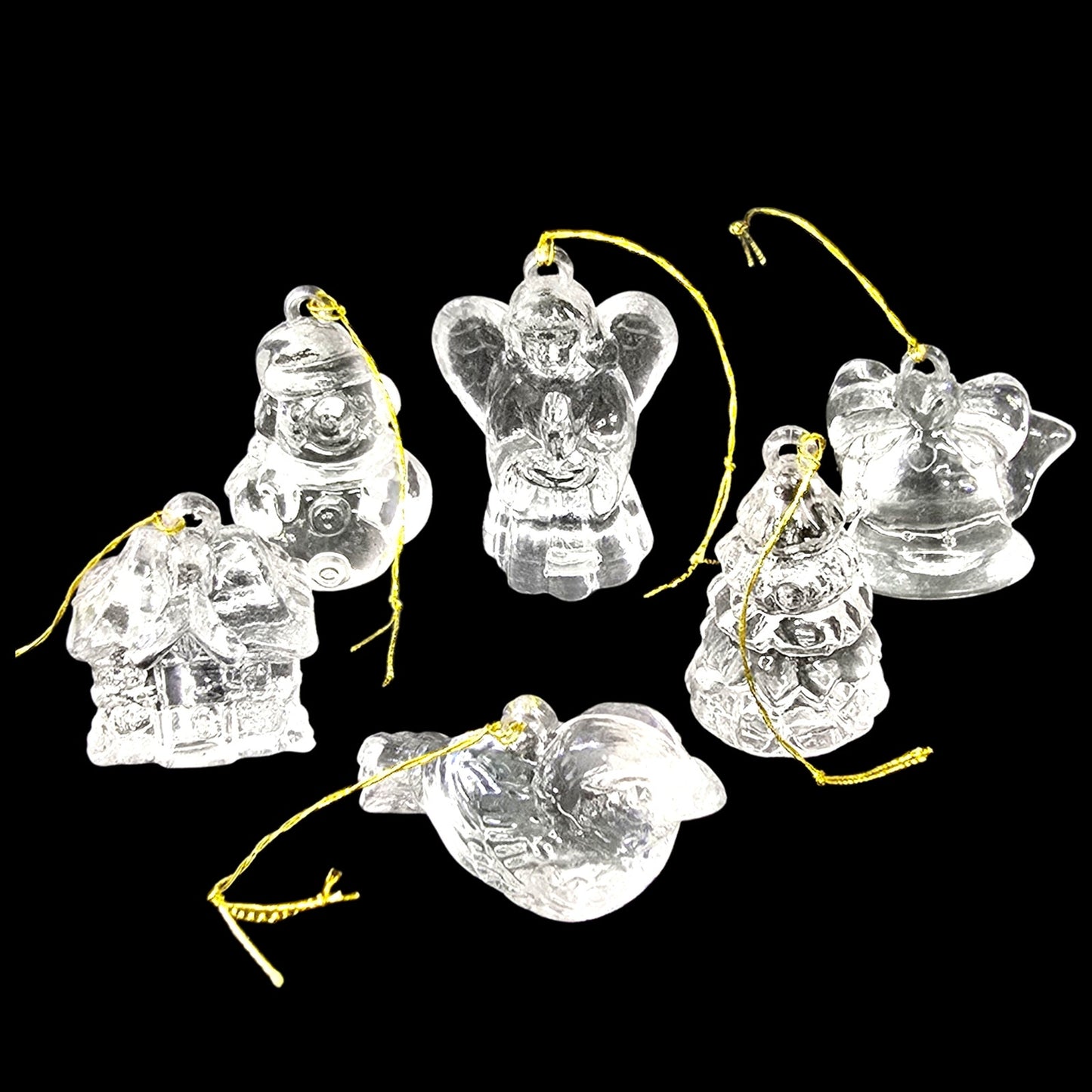 Set of 6 Vintage Miniature Clear Acrylic Christmas Ornaments