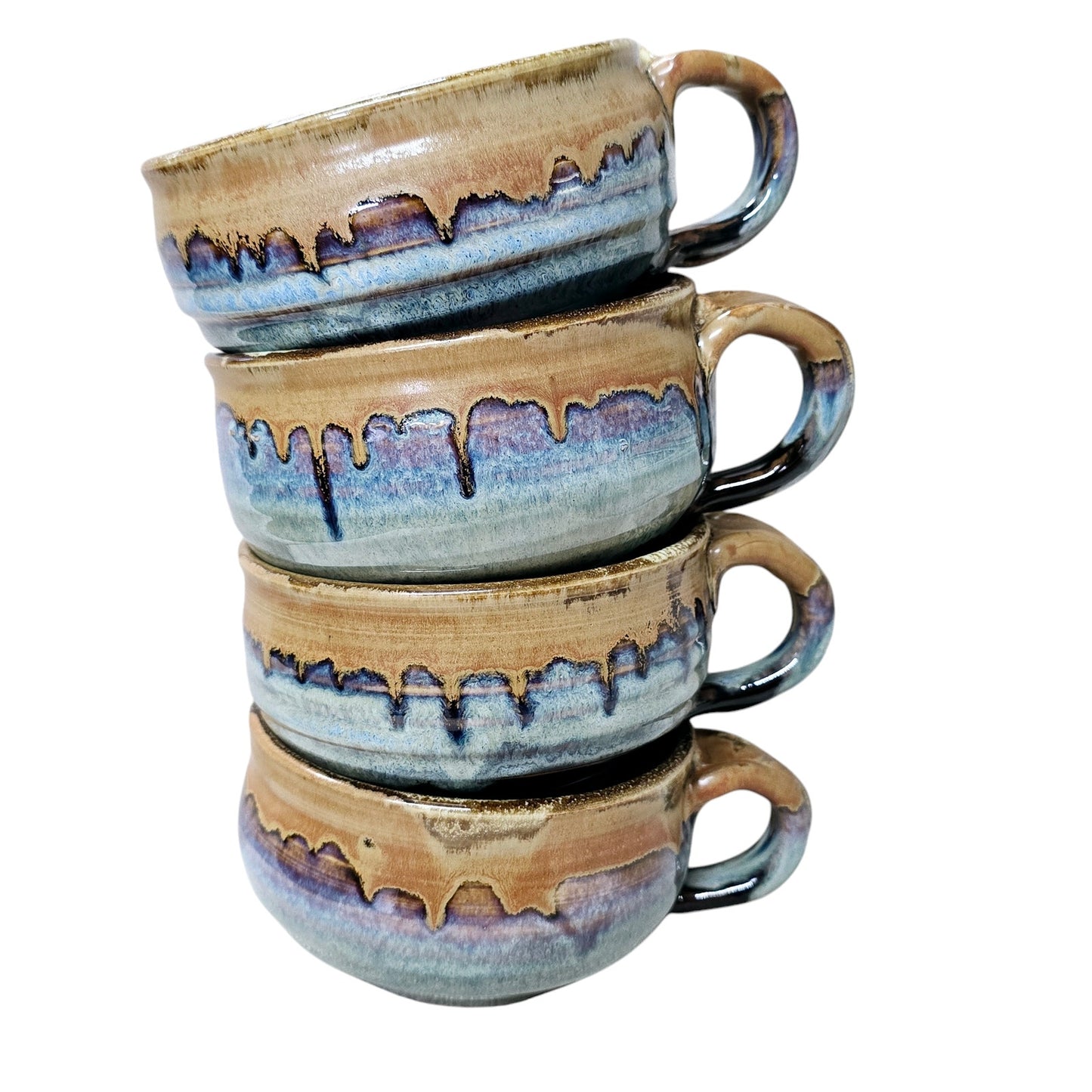 Set of 4 Signed Studio Art Pottery Drip Glaze Stoneware Soup Mug with Handle Coffee / Cappuccino Mug