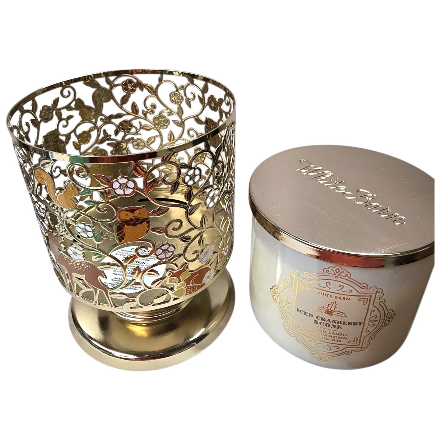 Bath & Body Works Woodland Candle Holder + Iced Cranberry Scone Candle Soft Gold