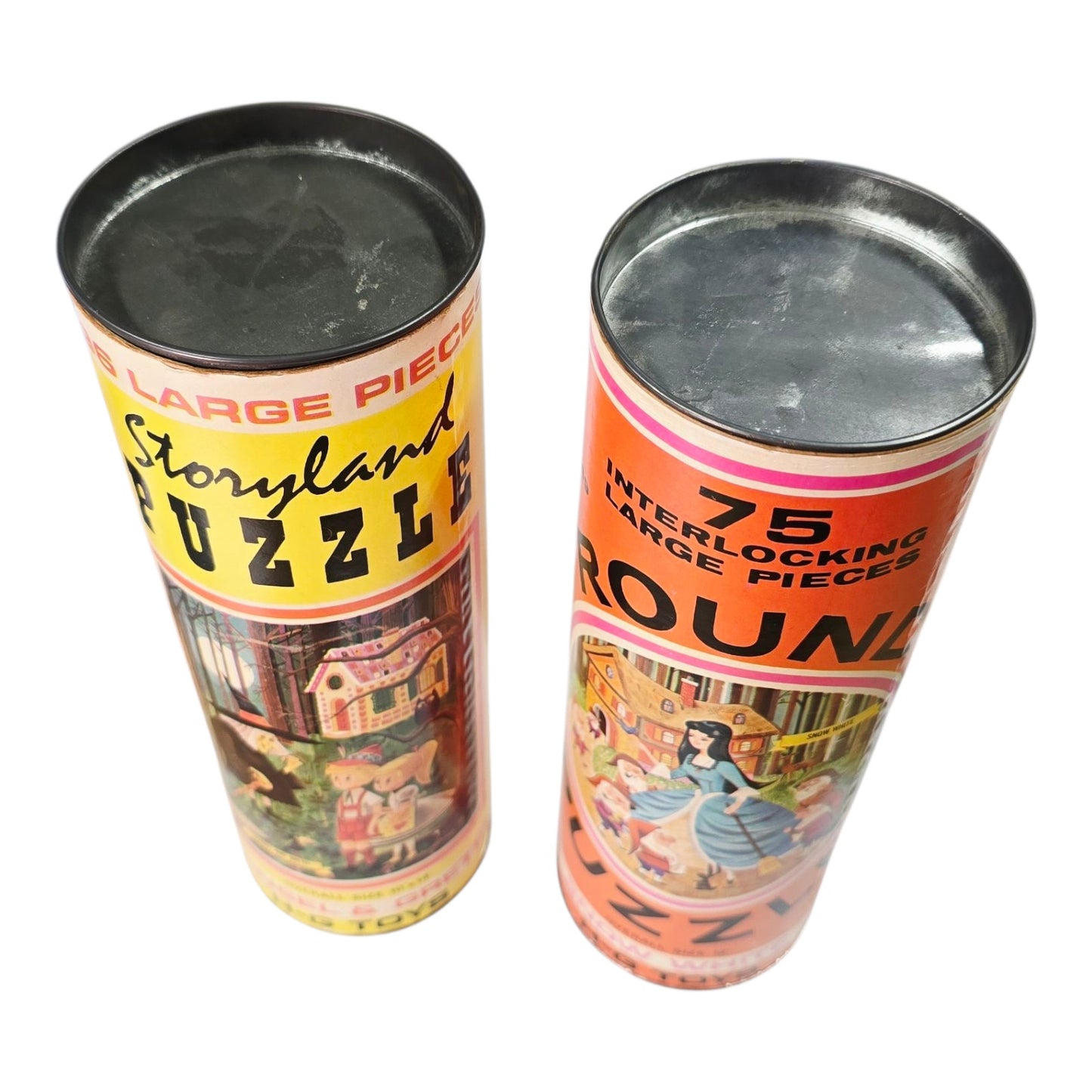 Vintage H-G Toys Tin Puzzle Cannisters EMPTY, Snow White and Hansel & Gretel