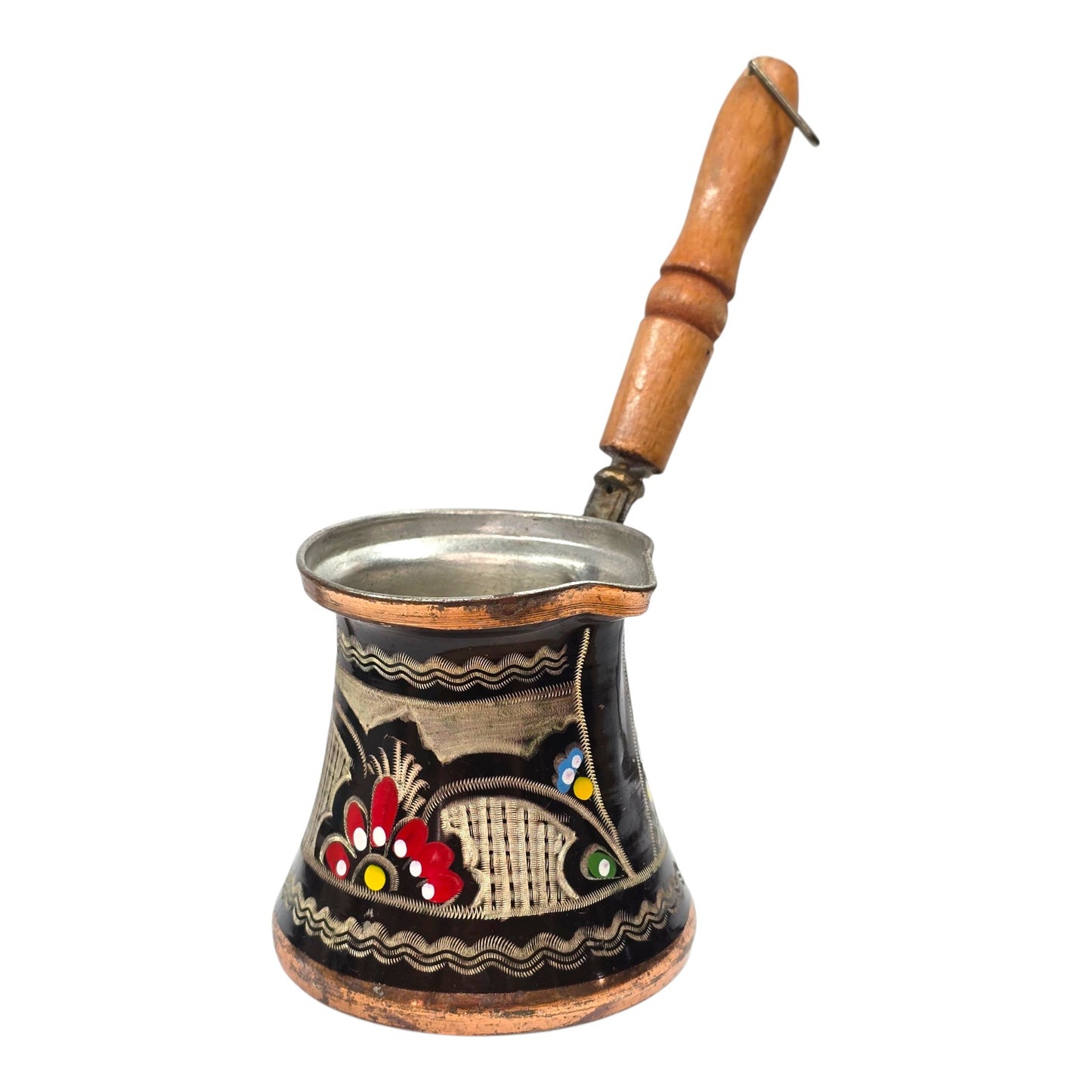 Vintage Hand Painted Copper Turkish Coffee Pot 6oz Enamel Floral Folk Art Cezve w/ Wood Handle