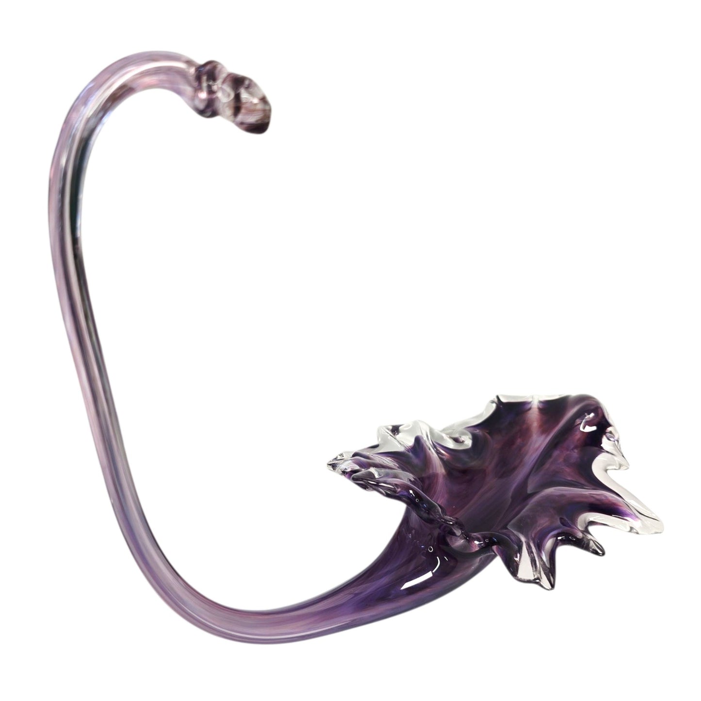 Hand-Blown Purple Trumpet Art Glass Flower Curved Up Stem, Blowing Leaf