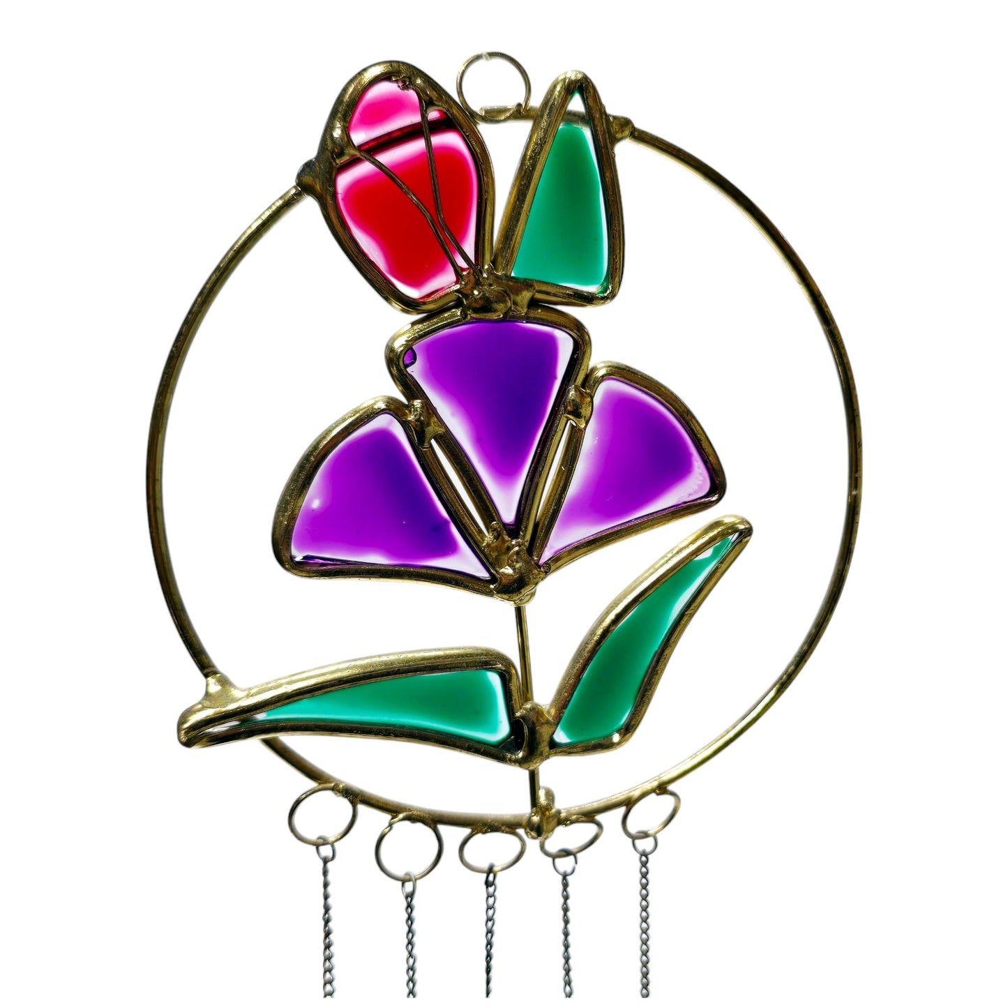 Stain Glass Garden Wind Chime Sun Catcher, Red & Purple Flower Hanging Decor