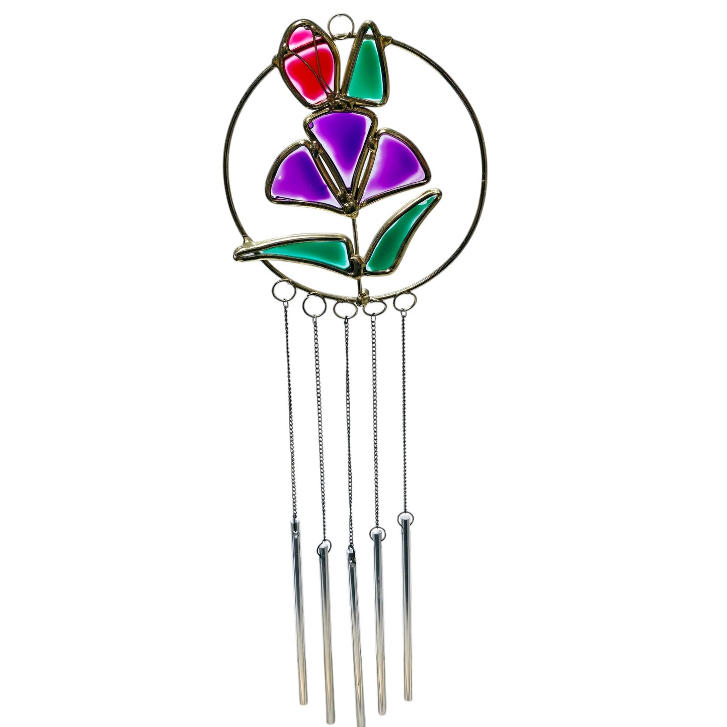 Stain Glass Garden Wind Chime Sun Catcher, Red & Purple Flower Hanging Decor