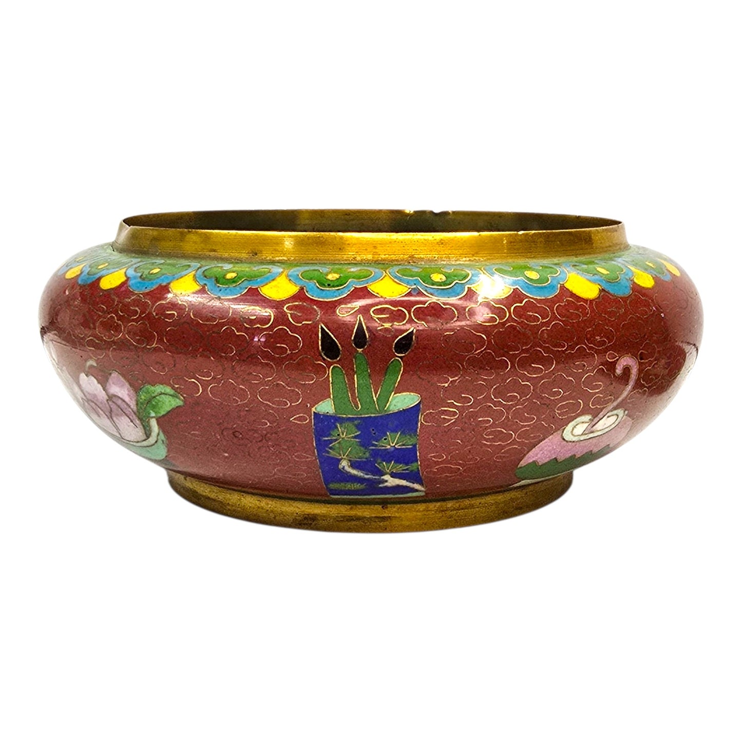 Vtg Chinese Cloisonne Lidded Bowl Red Enamel Lotus Floral Brass Vanity Dish